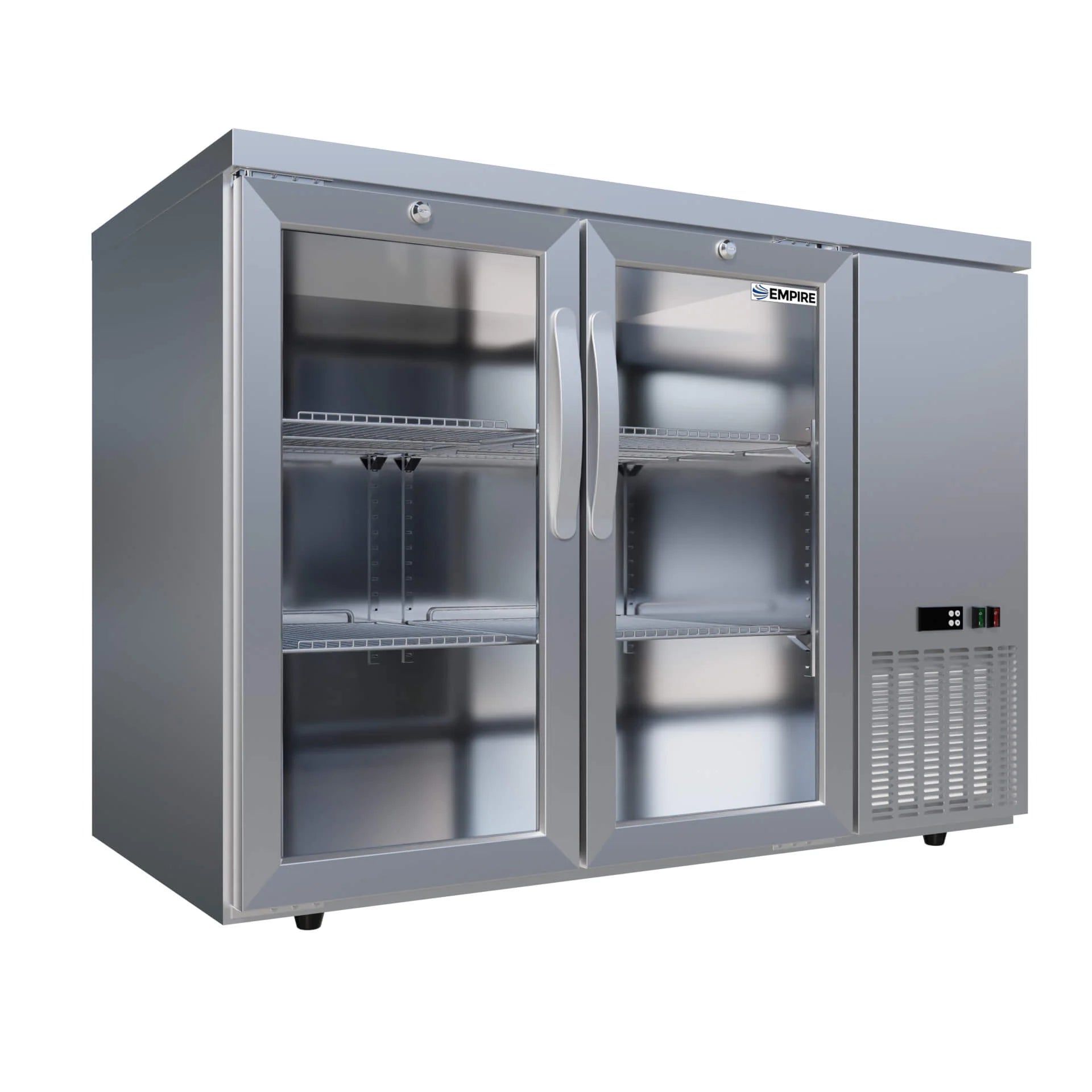 Empire High Capacity Double Door Bottle Cooler – 305L, Stainless Steel, Side Cooling, Low Height, Hinged Doors
