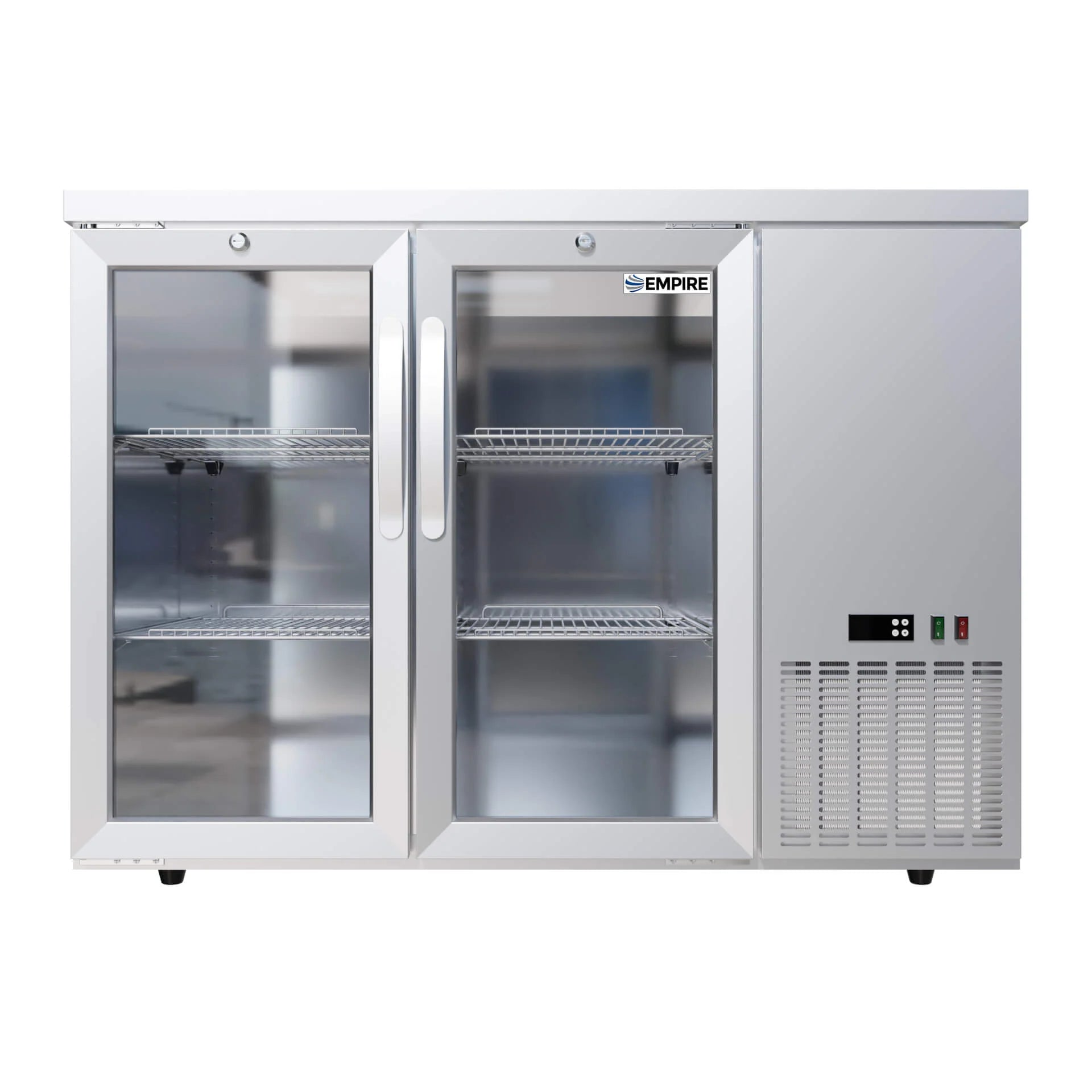 Empire High Capacity Double Door Bottle Cooler – 305L, Stainless Steel, Side Cooling, Low Height, Hinged Doors