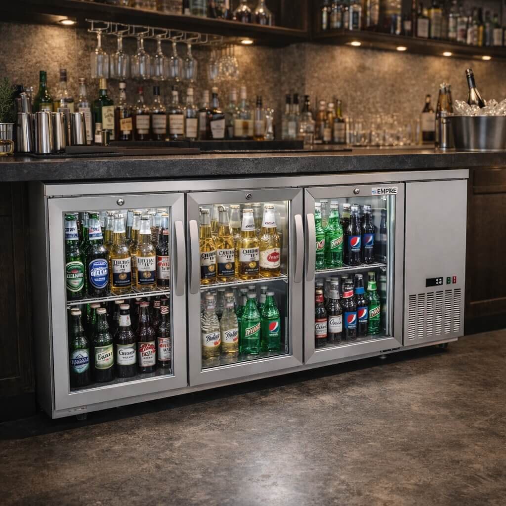 Empire High Capacity Stainless Steel Triple Door Bottle Cooler – Hinged Undercounter Low Height | CL-526HR