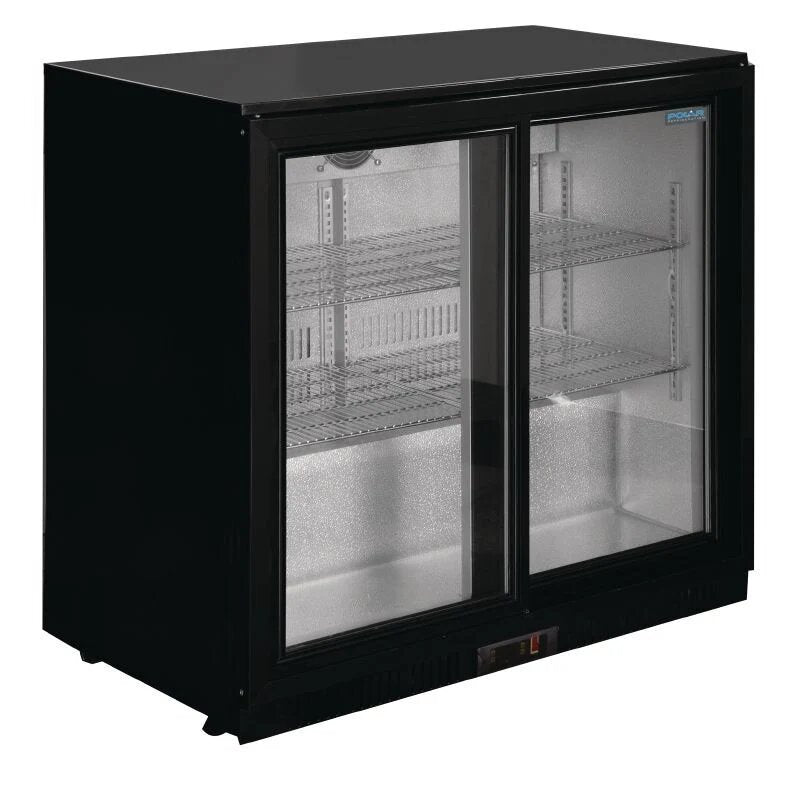 Polar Double Sliding Door Back Bar Cooler GL010 – Black with LED Lighting, 198L, Sliding Doors, Lockable