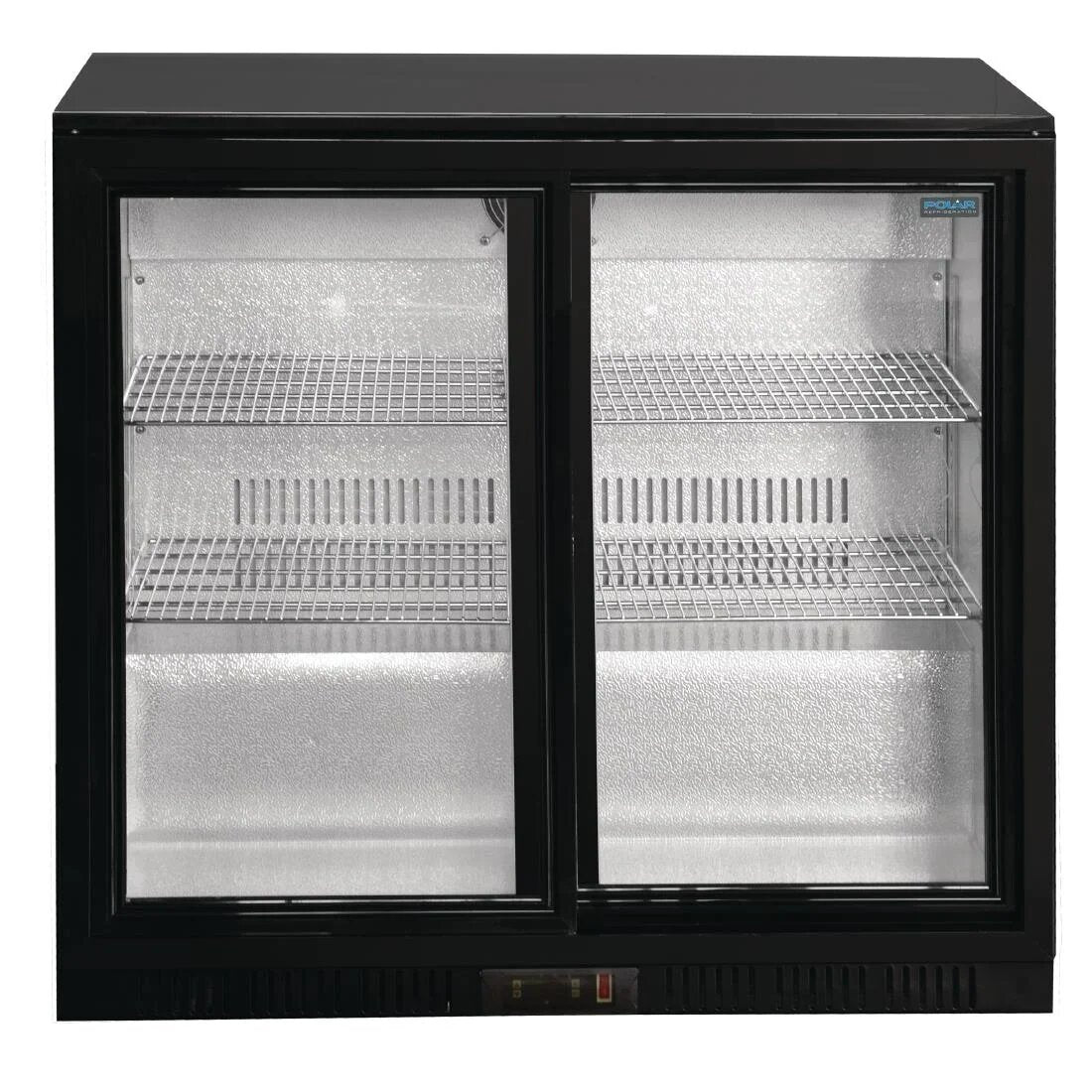 Polar Double Sliding Door Back Bar Cooler GL010 – Black with LED Lighting, 198L, Sliding Doors, Lockable