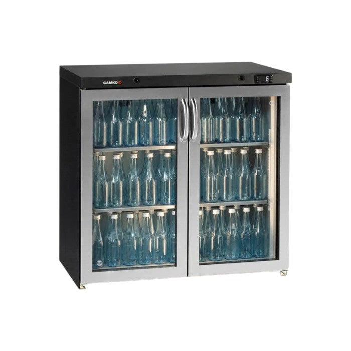 Gamko MG3/250GCS Maxiglass 250L Hinged Stainless Steel Frame Glass Double Door Undercounter Bottle Cooler