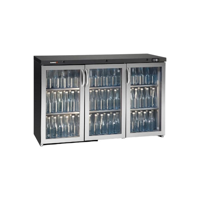 Gamko Maxiglass MG3/315GCS Triple Door Stainless Steel Frame Glass Undercounter Bottle Cooler, 315L, Hinged Doors, LED Lighting, Energy Efficient