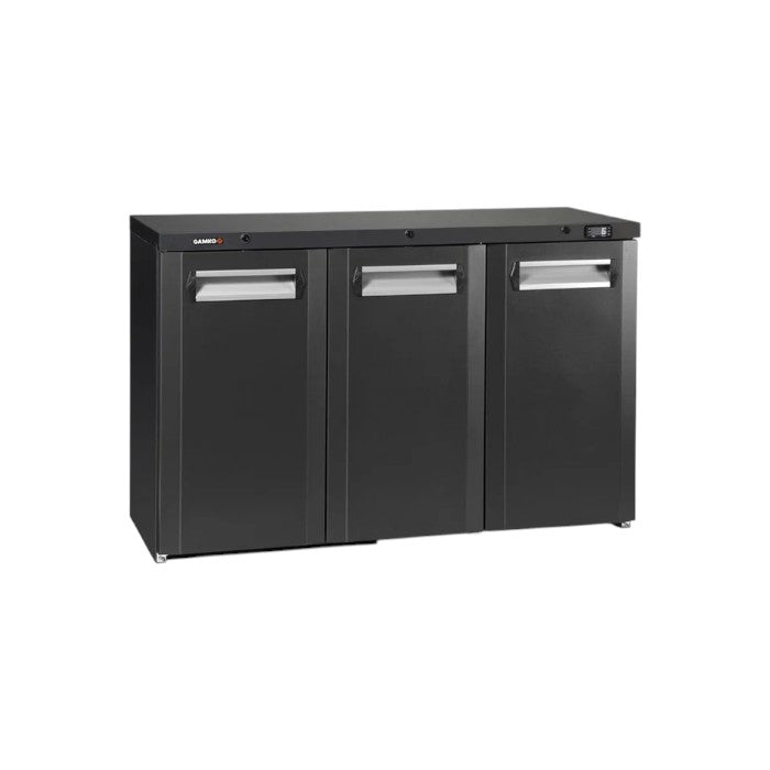 Gamko Maxiglass MG3/315 Triple Door Hinged Undercounter Bottle Cooler, 315L, 366 x 330ml Bottles, LED Lighting, Black