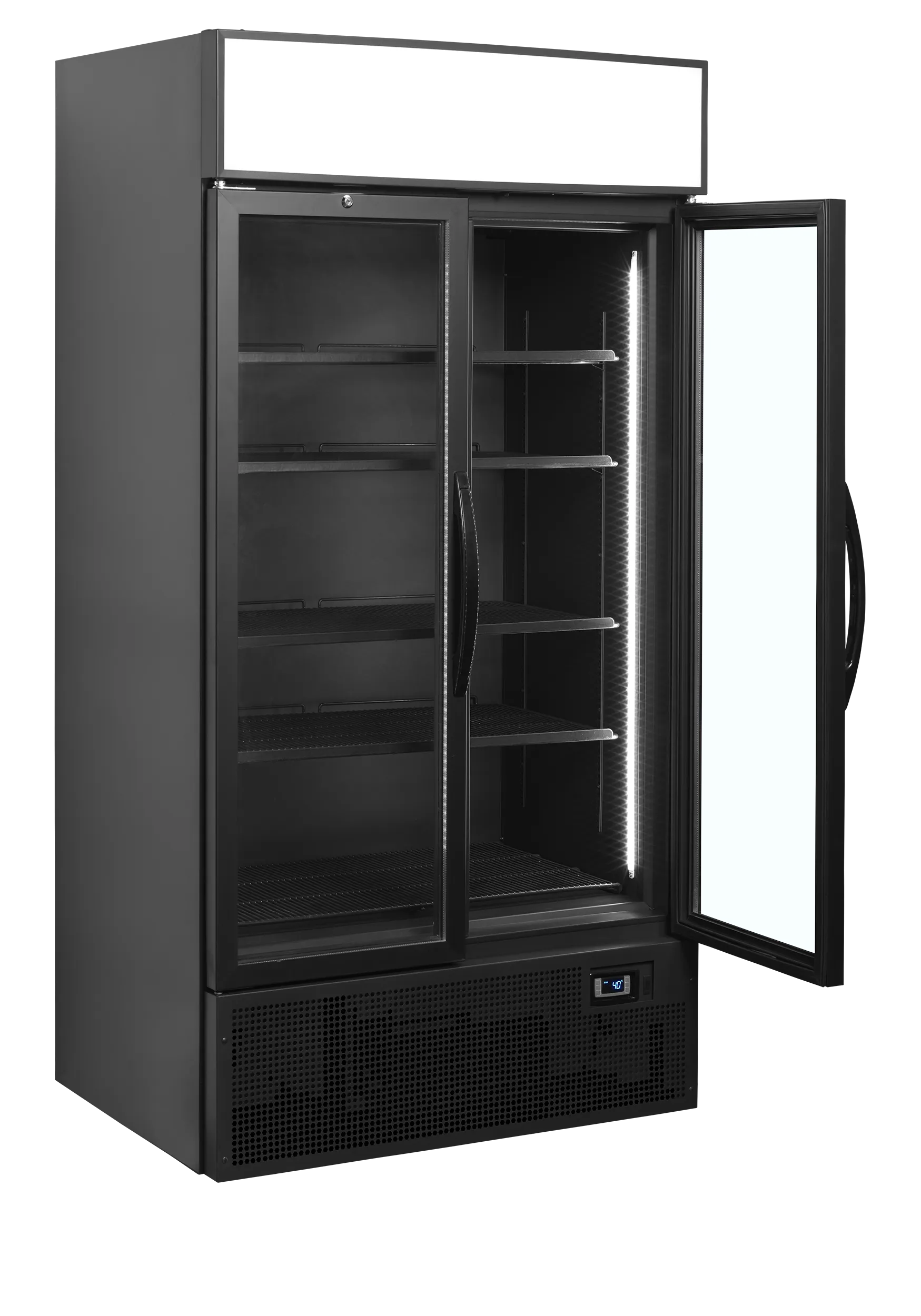 Glass Door Merchandiser FSC1000H Black – 1000mm Commercial Display Fridge with LED Canopy, Dual Hinged Glass Doors, Ventilated Cooling