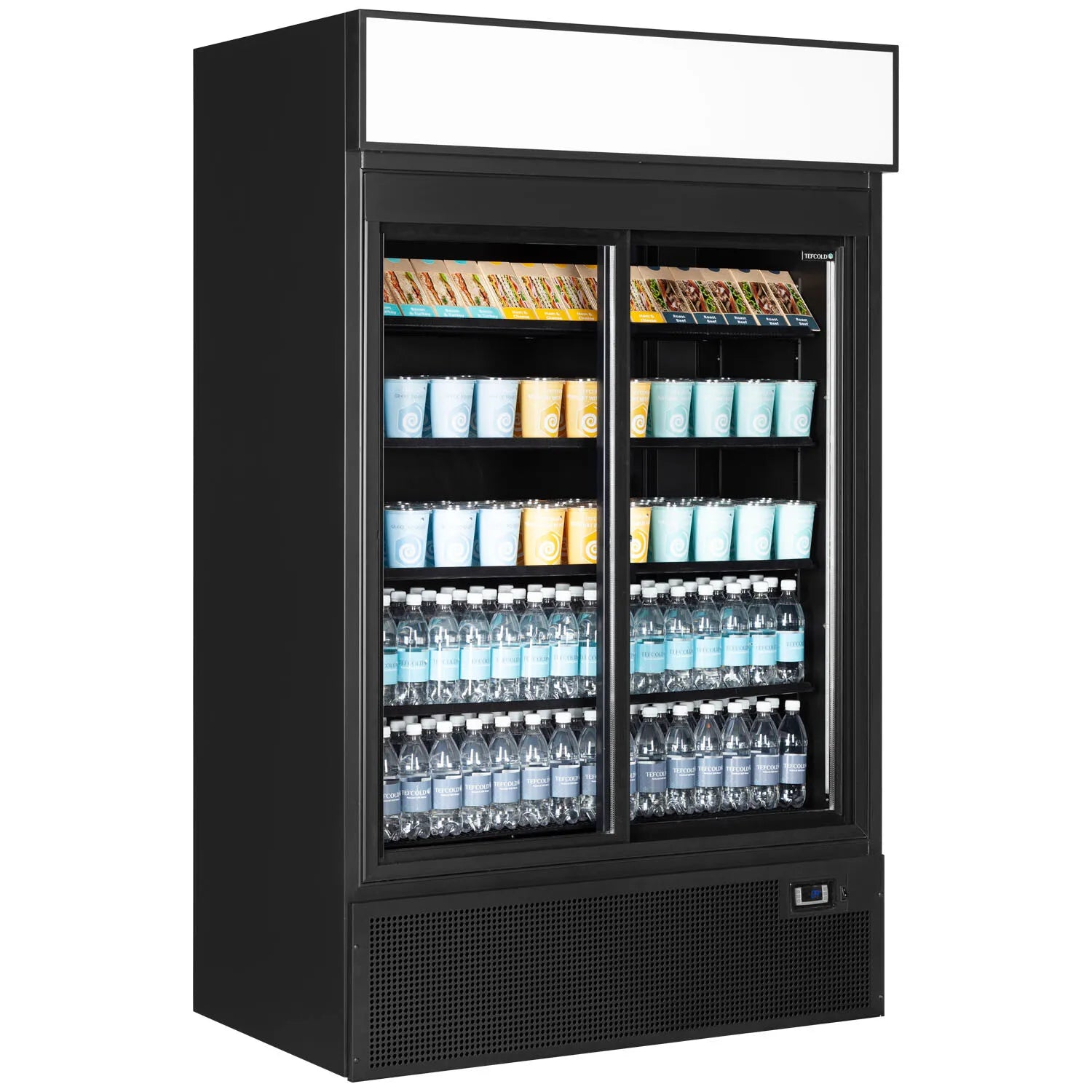 TEFCOLD FSC1200S Black Glass Door Merchandiser – 2 Sliding Doors, Ventilated Cooling, LED Lighting, 967L Capacity