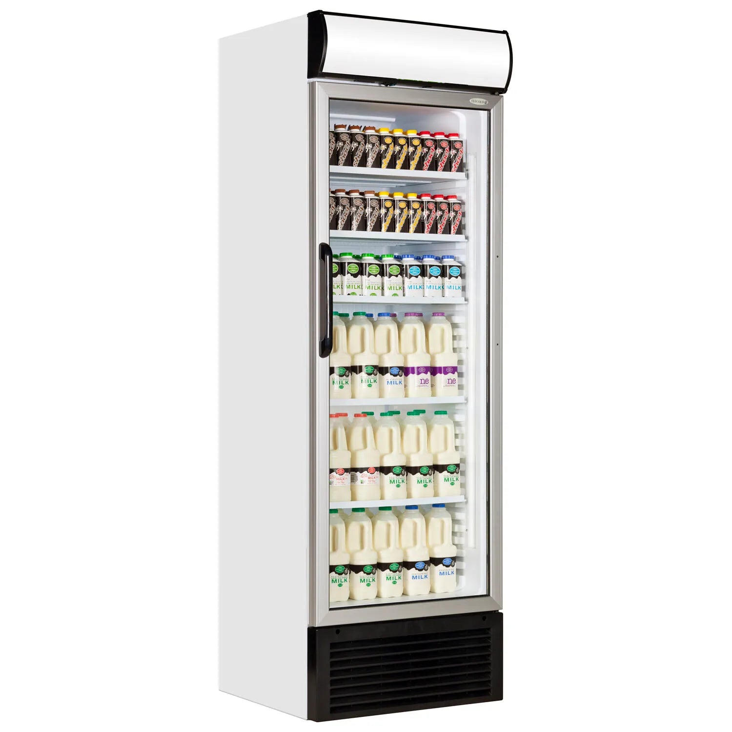Glass Door Merchandiser FSC1450 – 438L Upright Display Cooler, Fan Assisted Cooling, LED Canopy, White Finish