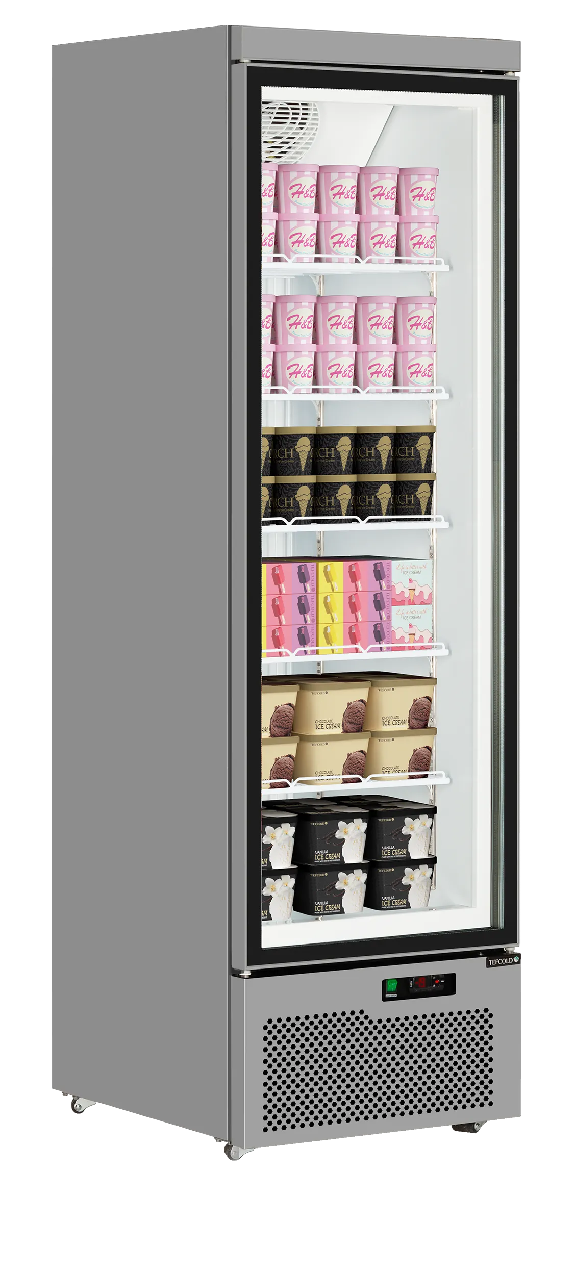 Atom Maxi F1DS Single Glass Door Display Freezer – 390L Commercial Upright Frozen Food Merchandiser, LED Lighting, Ventilated Cooling, Silver RAL9006, 750×760×2003mm