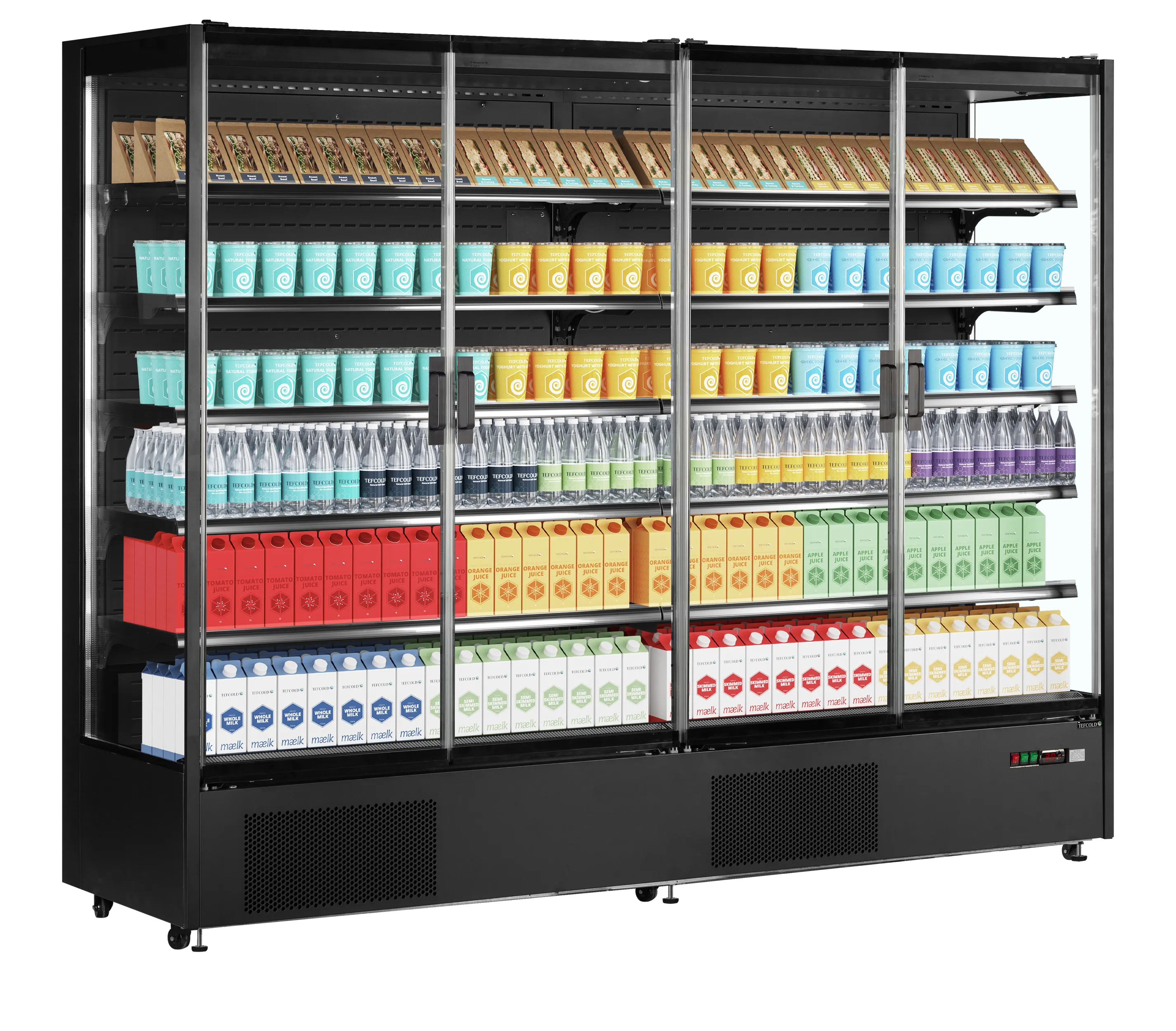 TEFCOLD PC2500B Multideck Display Fridge with 4 Glass Doors, Black Finish, Ventilated Cooling, LED Shelves, -1 to +5°C
