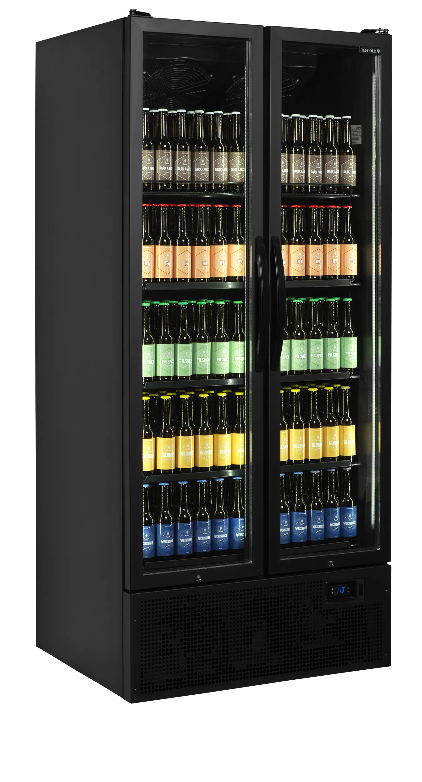 Bottle Cooler FS890H Black – Double Hinged Glass Door Display Chiller with LED Lighting, Adjustable Shelves, Fully Automatic Ventilated Cooling, 535L Net Capacity