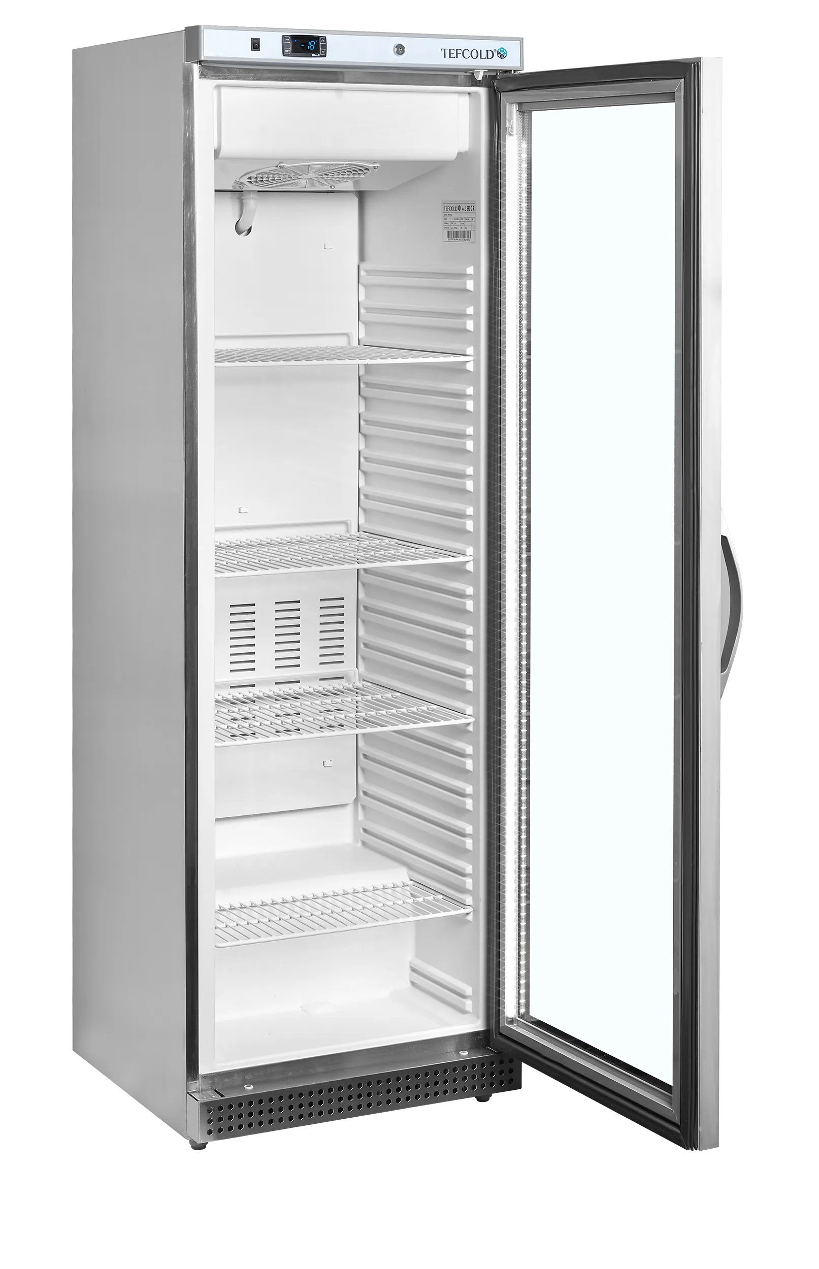 Glass Door Display Freezer UF400VSG – 400L Stainless Steel Cabinet, Heated Glass Door, LED Interior Light, Ventilated Cooling, Automatic Defrost