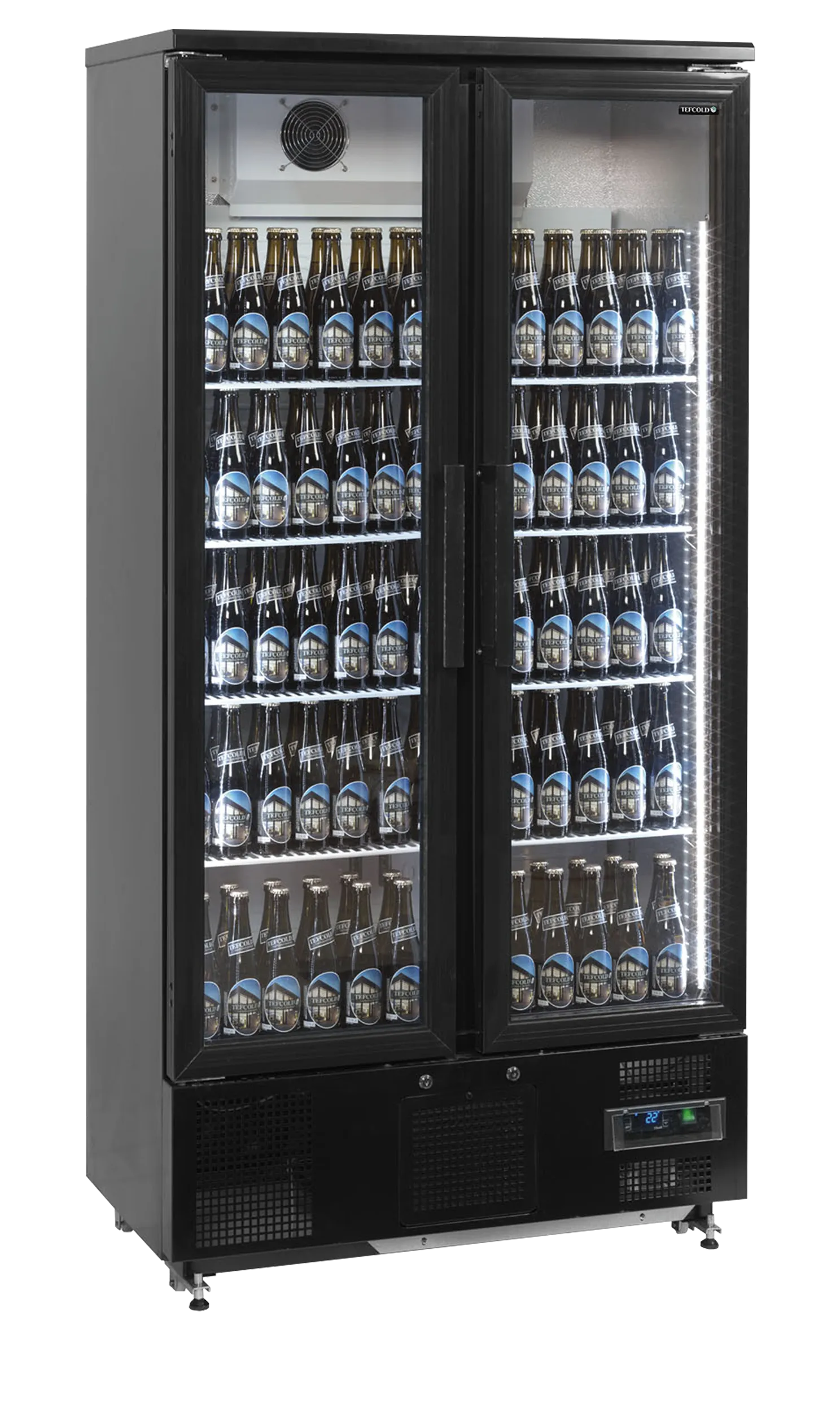 Upright Back Bar Cooler EM500 – Double Glass Doors, LED Lighting, Adjustable Shelves, Fan Assisted Cooling, 490L Capacity, Black