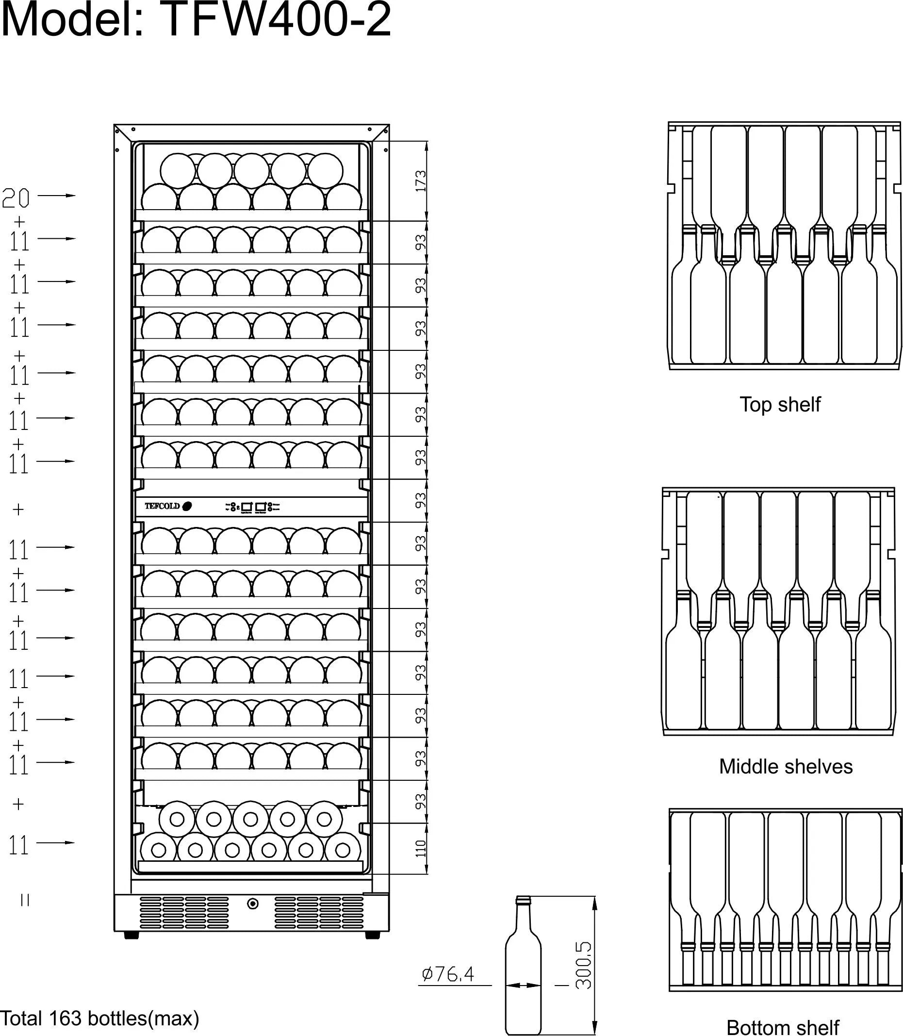 TFW400-2F Dual Zone Wine Cooler – 163 Bottle Capacity, Frameless Glass Door, Black Finish
