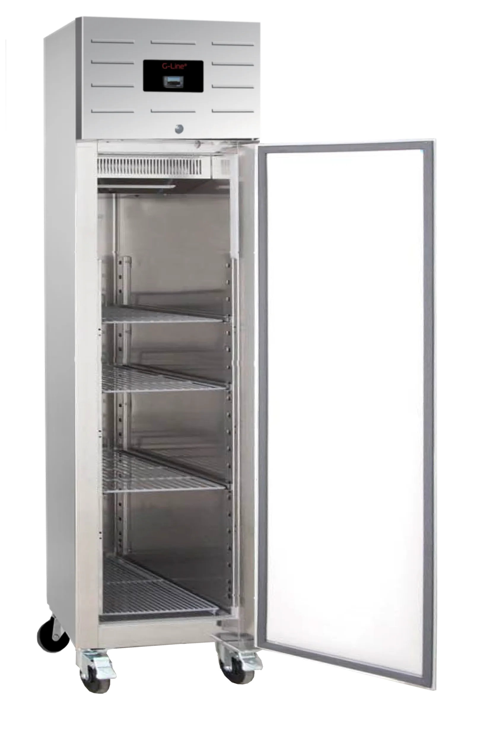 Gastronorm Upright Freezer GUF50 – Slim Professional Freezer with Adjustable GN1/1 Shelves, LED Display, Stainless Steel Cabinet, Lock & Wheels – -22 to -18°C, 228L
