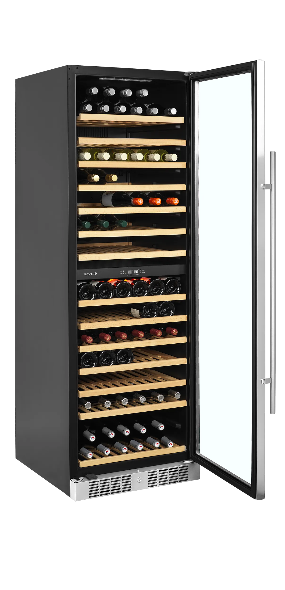 TFW400-2S Dual Zone Wine Cooler – Stainless Steel Frame, LED Light, Wooden Shelves, Fan-Assisted Cooling, 163 Bottle Capacity