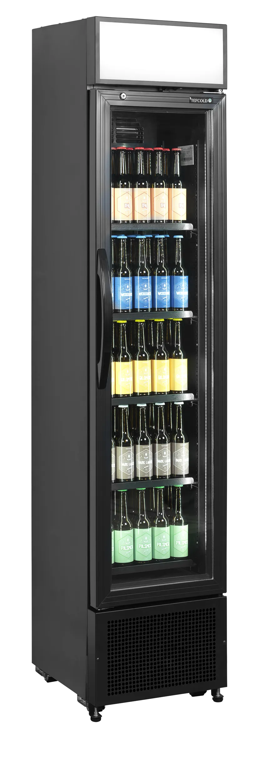 Slimline Glass Door Merchandiser FSC175H – Black, 1 Hinged Door, LED Canopy & Adjustable Shelves, Fan Assisted Cooling, 182L