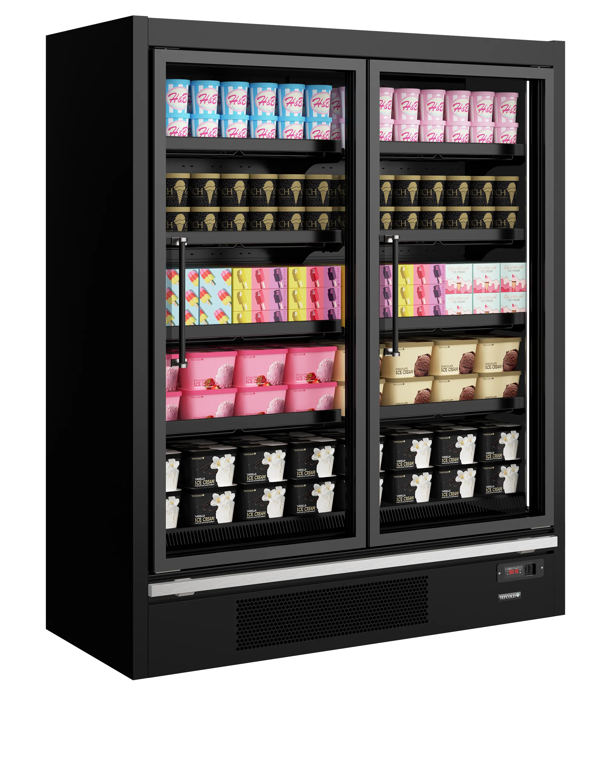 Galaxy+ GPF2D Black Glass Door Freezer – 2 Hinged Heated Doors, Ventilated Cooling, LED Interior, Adjustable Shelves, -18°C to -15°C
