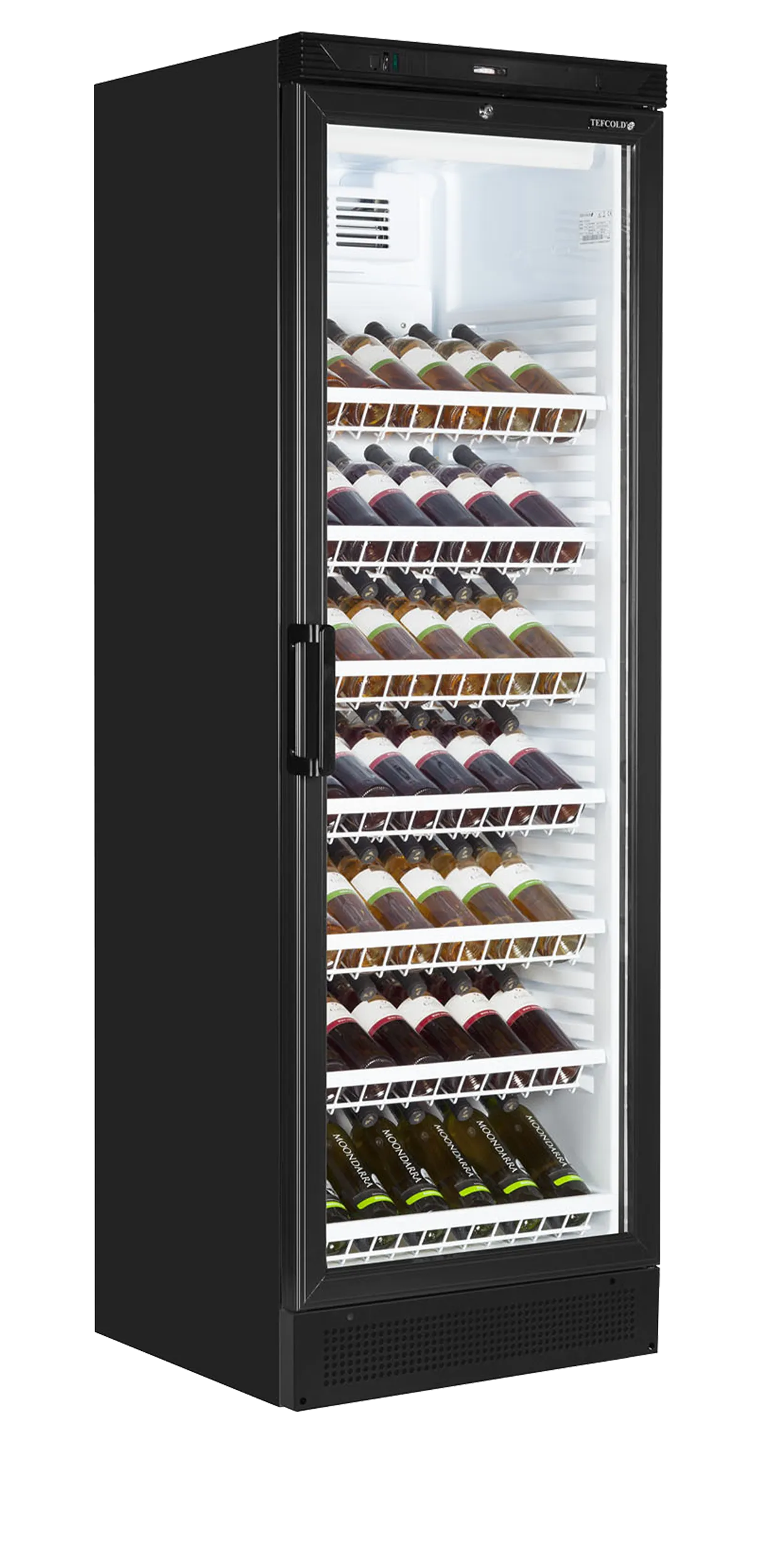 FS1380WB Black Drinks Cooler with Wine Shelves – Fan Assisted, LED Light, Holds Up to 78 Bottles