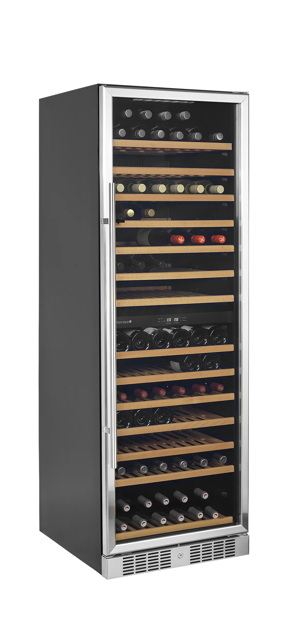 TFW400-2S Dual Zone Wine Cooler – Stainless Steel Frame, LED Light, Wooden Shelves, Fan-Assisted Cooling, 163 Bottle Capacity