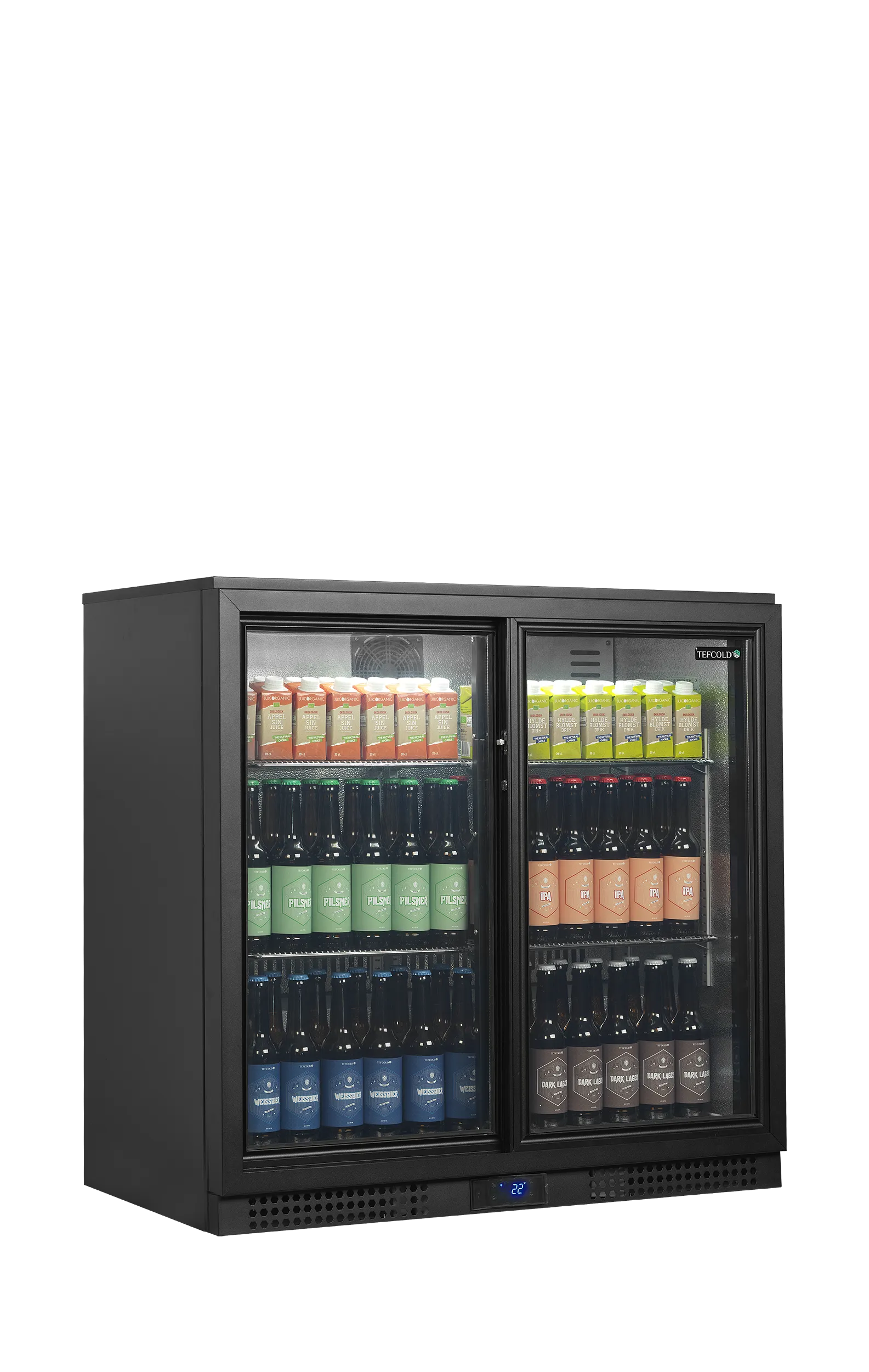 BA21S Energy Class A Double Sliding Door Back Bar Cooler – Black Finish, Ventilated Cooling, LED Light, Lockable