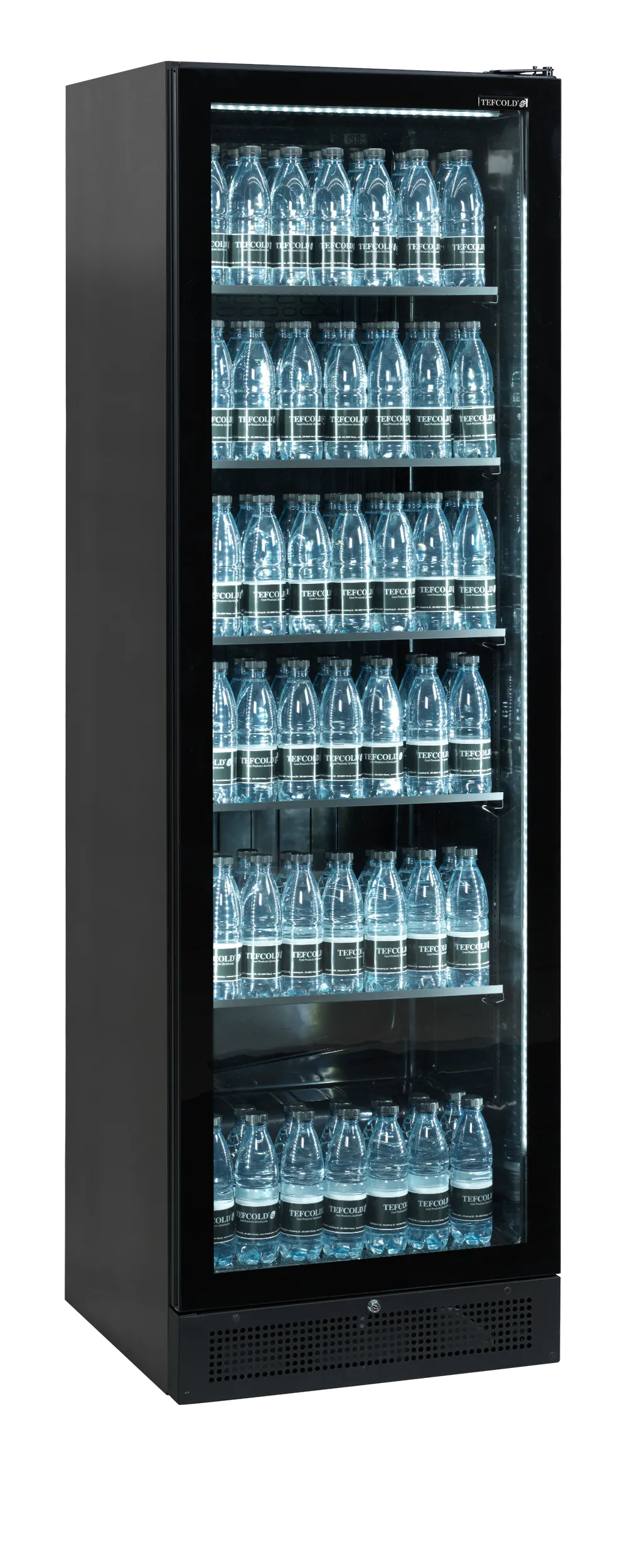 SCU1425 Frameless Glass Door Merchandiser Display Cooler – Tall Black Fan Assisted Refrigerator with LED Lighting & Lock