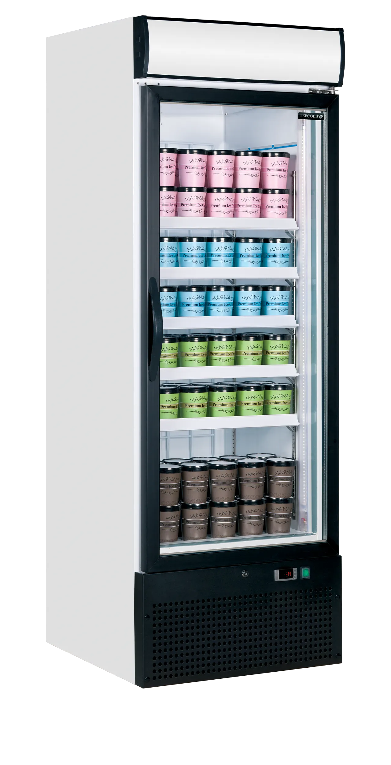 Glass Door Display Freezer NF2500G – 515L Upright Self-Closing Heated Glass Door, LED Lighting, Fan Assisted Cooling, Automatic Defrost, White Finish