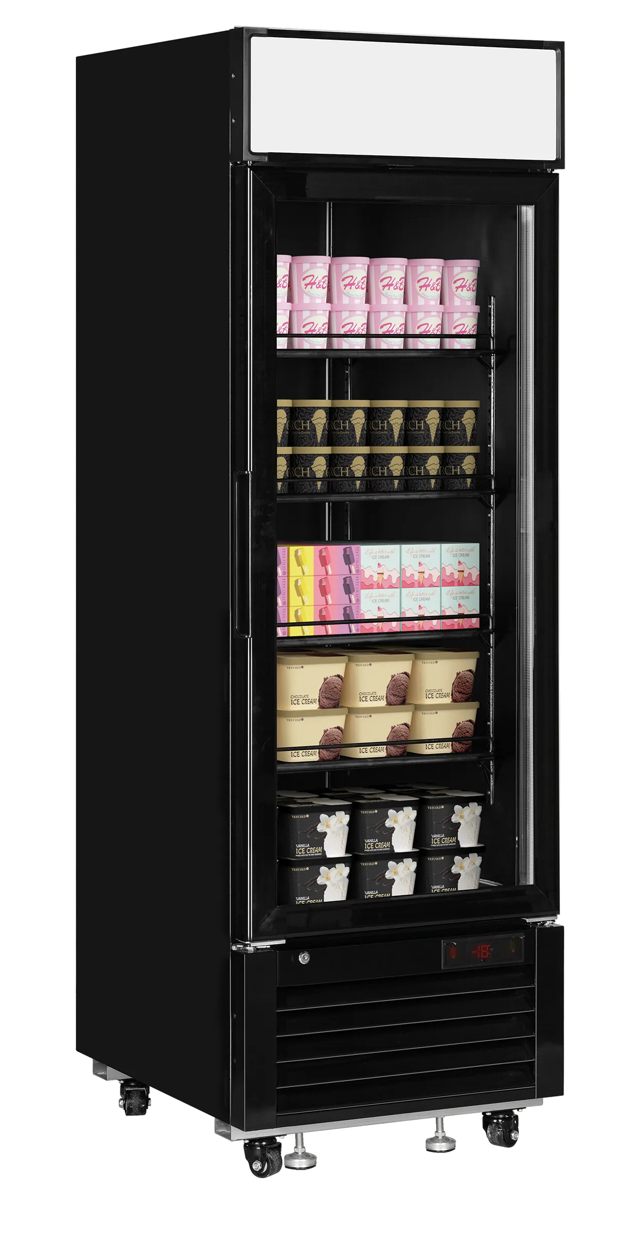 TEFCOLD LGF2500 Black Glass Door Display Freezer – 405L Upright Commercial Freezer with LED Lighting, Heated Glass, and Automatic Defrost