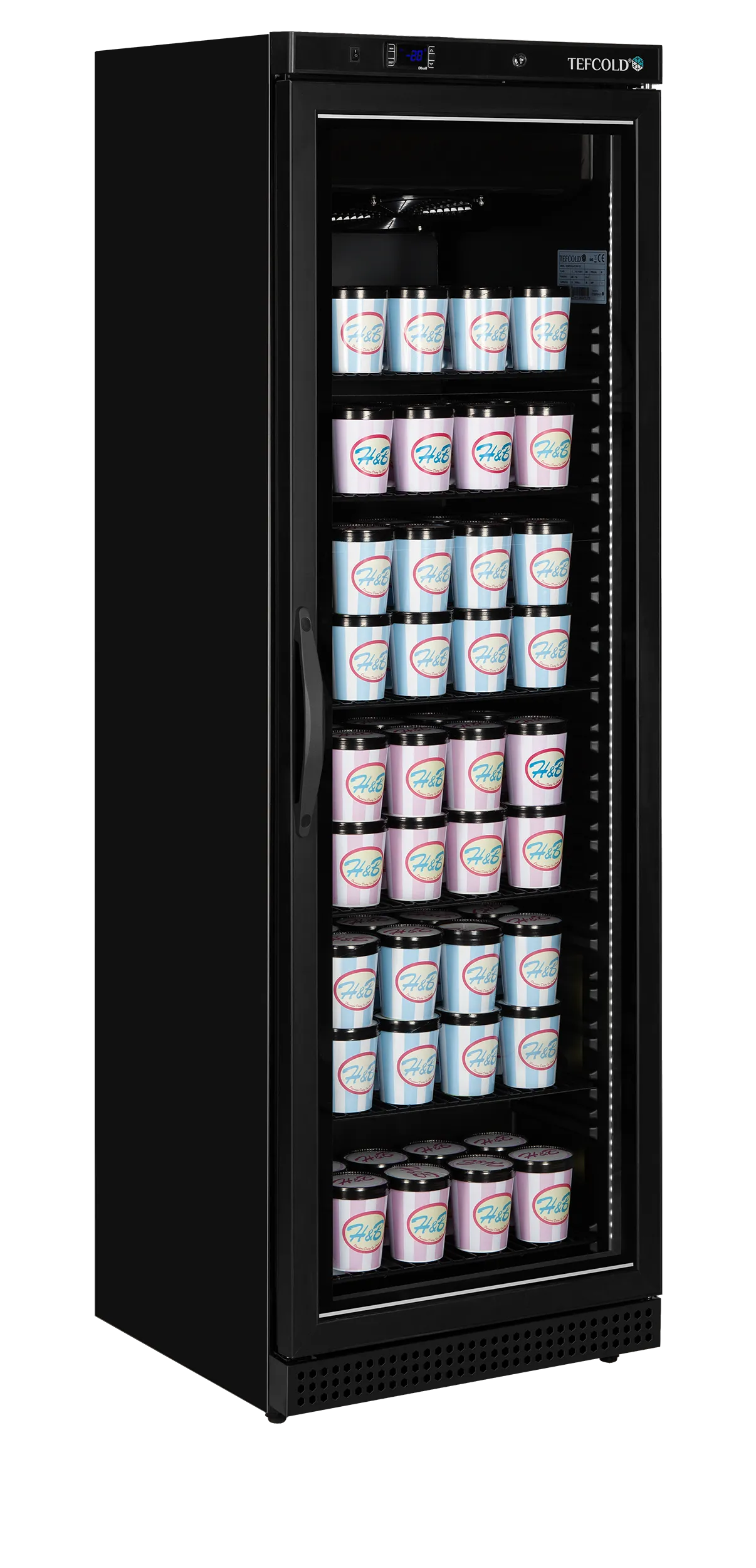 Glass Door Display Freezer UF400VGB – 400L Black Heated Glass Freezer with LED Light, Adjustable Shelves, Digital Controller, Ventilated Cooling