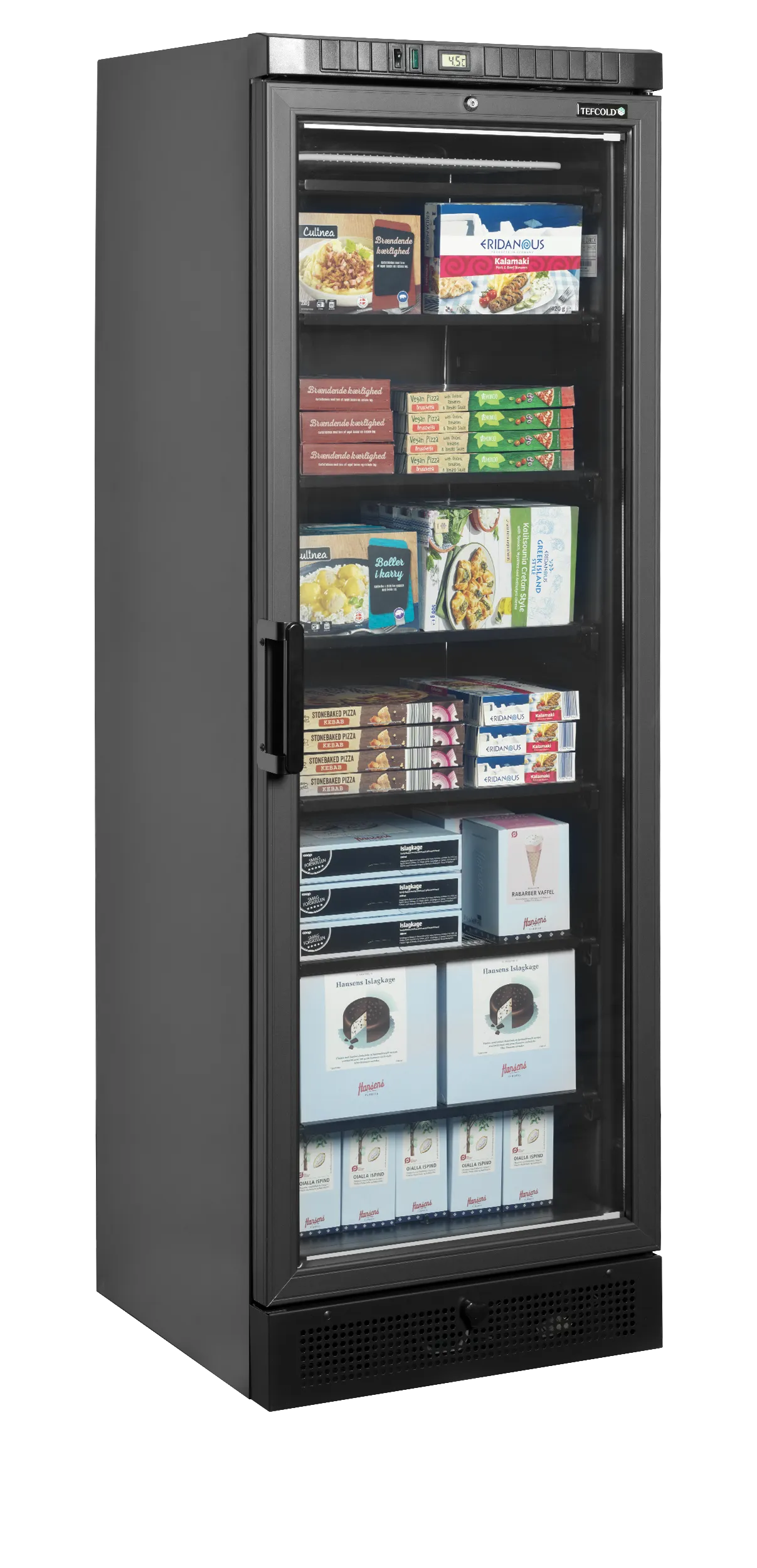 TEFCOLD UFSC371G Black Glass Door Display Freezer – 270L LED Interior, Heated Hinged Door, Static Cooling, Fixed Shelves