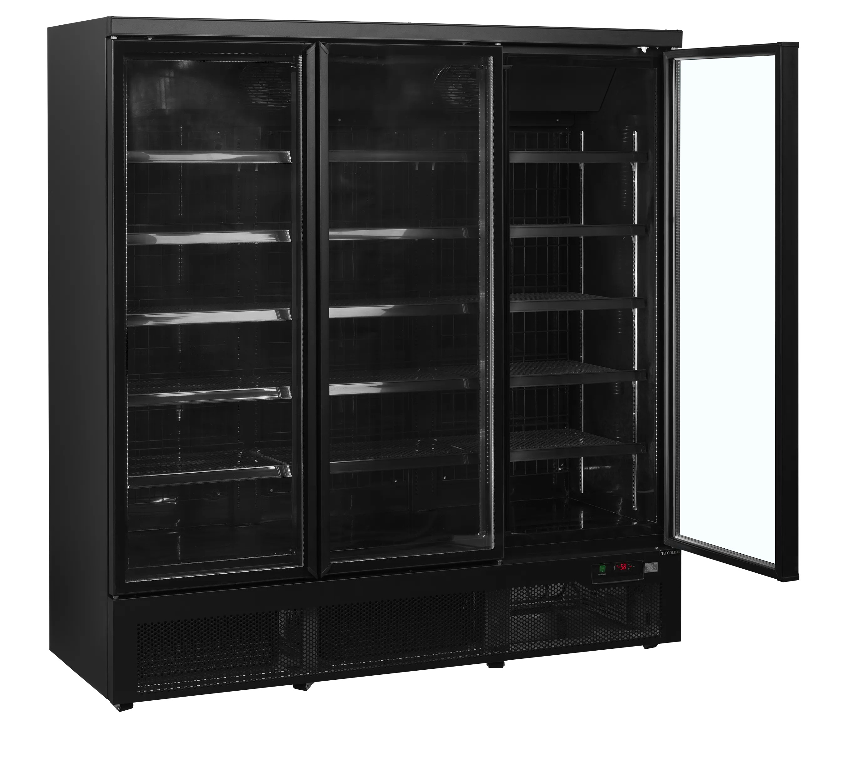 Atom Maxi 3-Door Black Display Freezer with LED Lighting – Ventilated Cooling, Self-Closing Glass Doors, Adjustable Shelves, -18 to -22°C