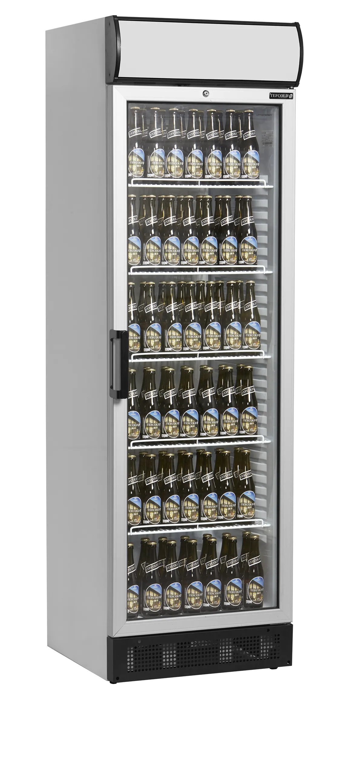 Glass Door Merchandiser FSC1380 with LED Canopy, Fan Assisted Cooling, Lockable Display Fridge, White Finish