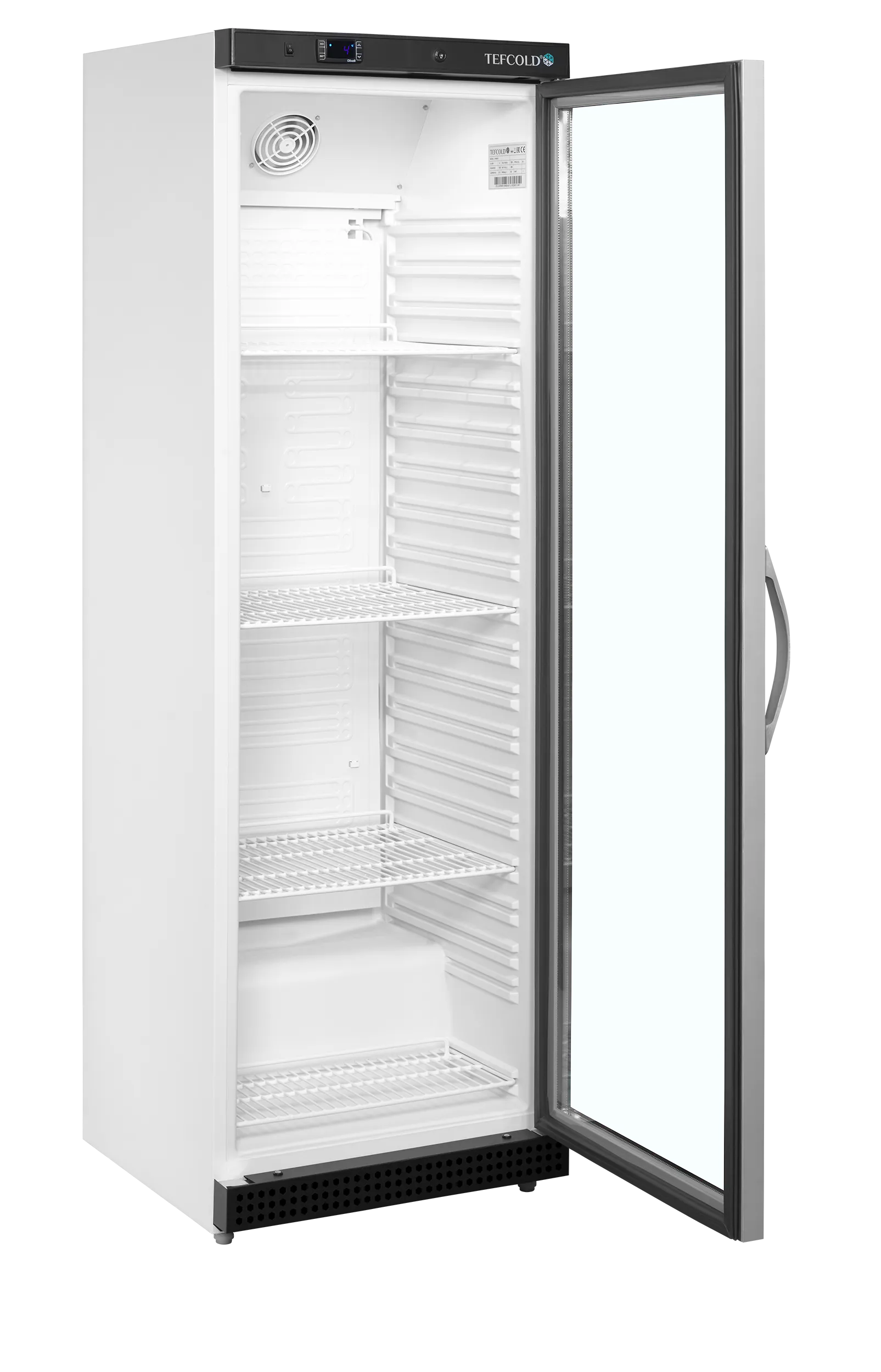 Glass Door Merchandiser UR400G – 1 Hinged Door, Fan Assisted Cooling, LED Interior Light, Adjustable Shelves, 350L White Display Fridge