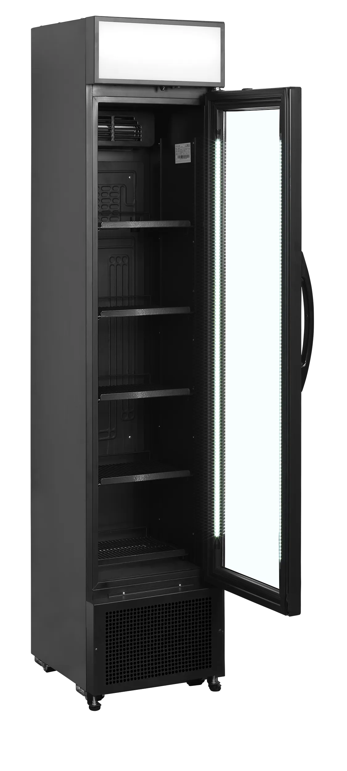 Slimline Glass Door Merchandiser FSC175H – Black, 1 Hinged Door, LED Canopy & Adjustable Shelves, Fan Assisted Cooling, 182L