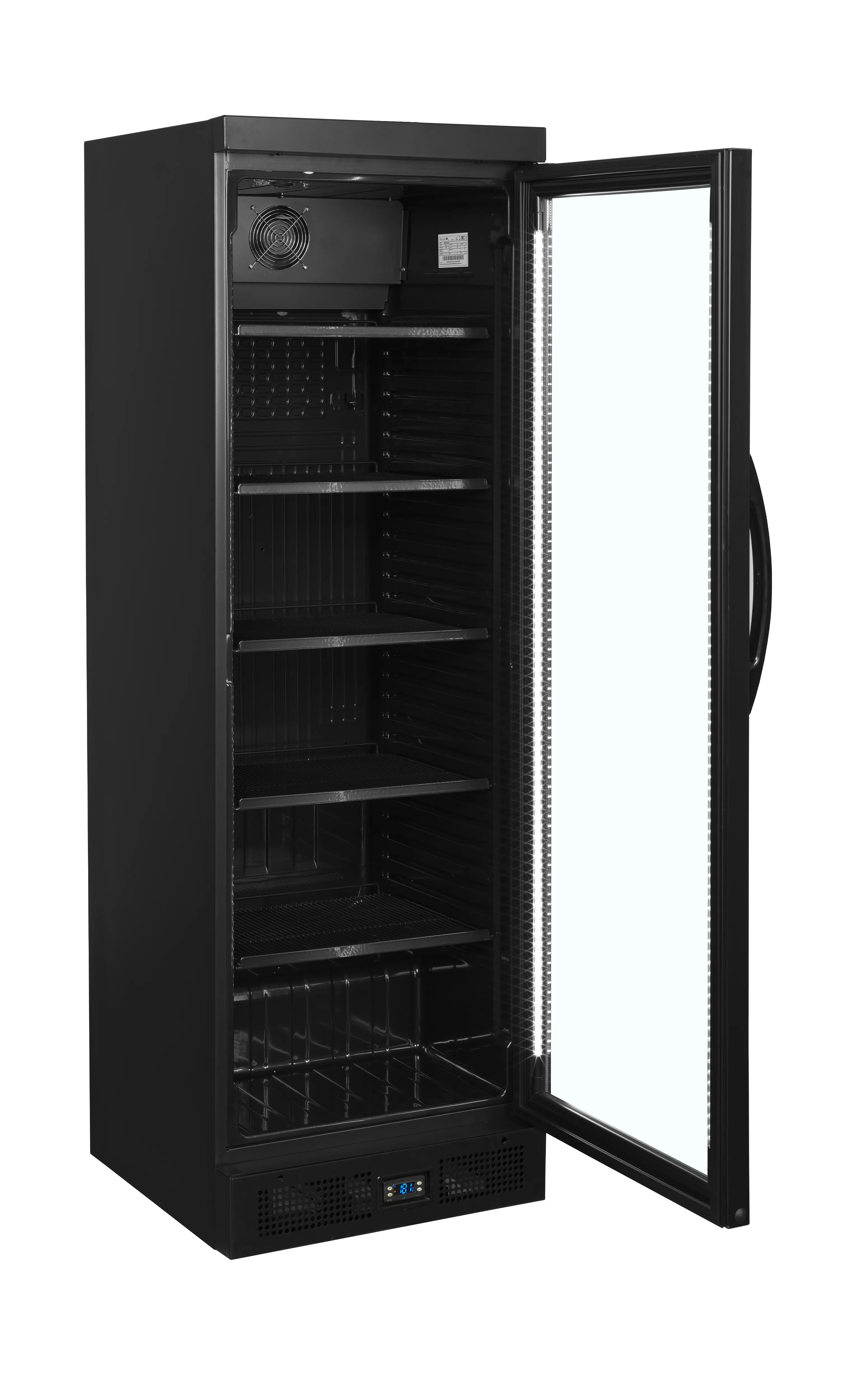 Glass Door Merchandiser CEV435 BLACK – Fan Assisted Cooling, LED Lighting, Adjustable Shelves, Premium Display Fridge