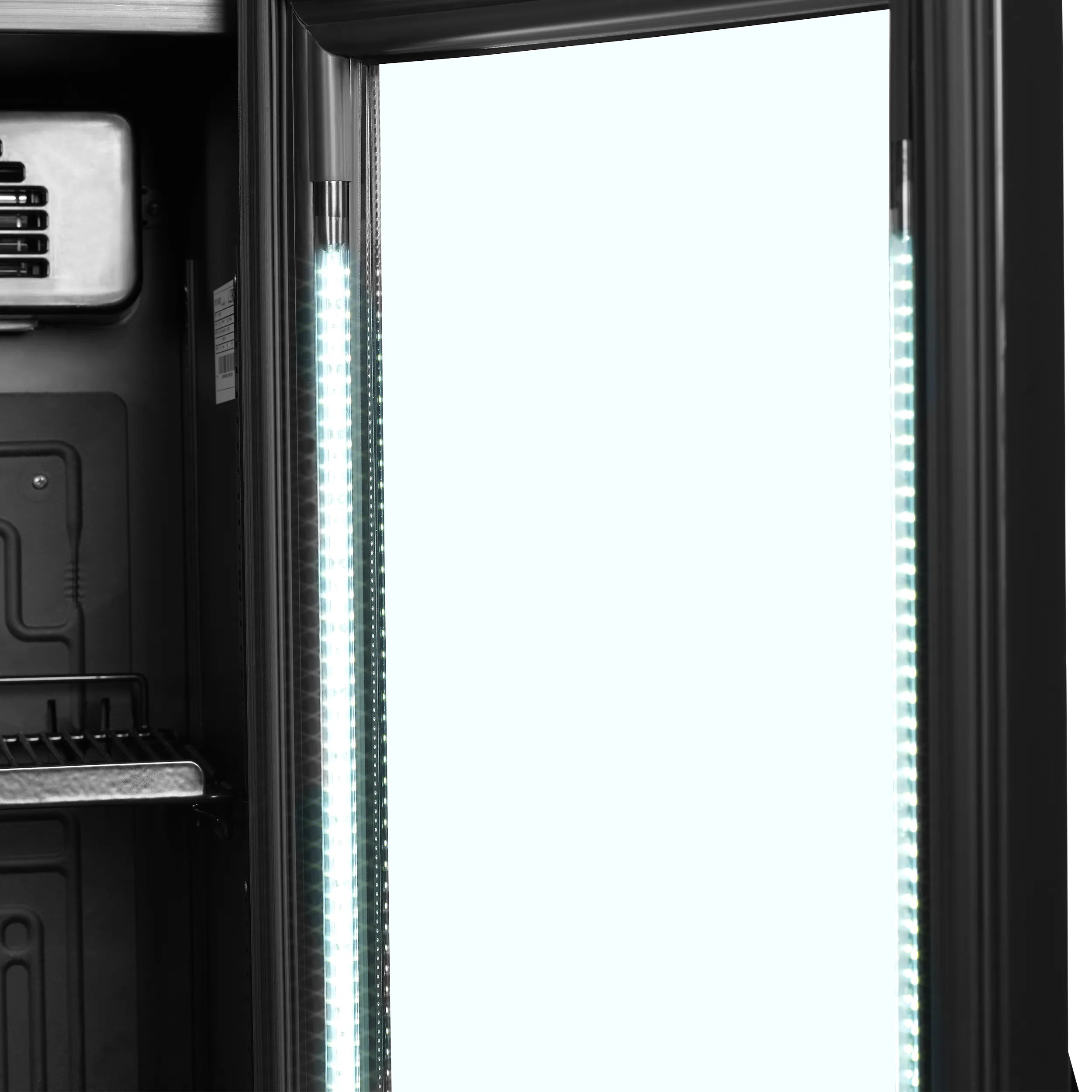 Slimline Glass Door Merchandiser FSC175H – Black, 1 Hinged Door, LED Canopy & Adjustable Shelves, Fan Assisted Cooling, 182L