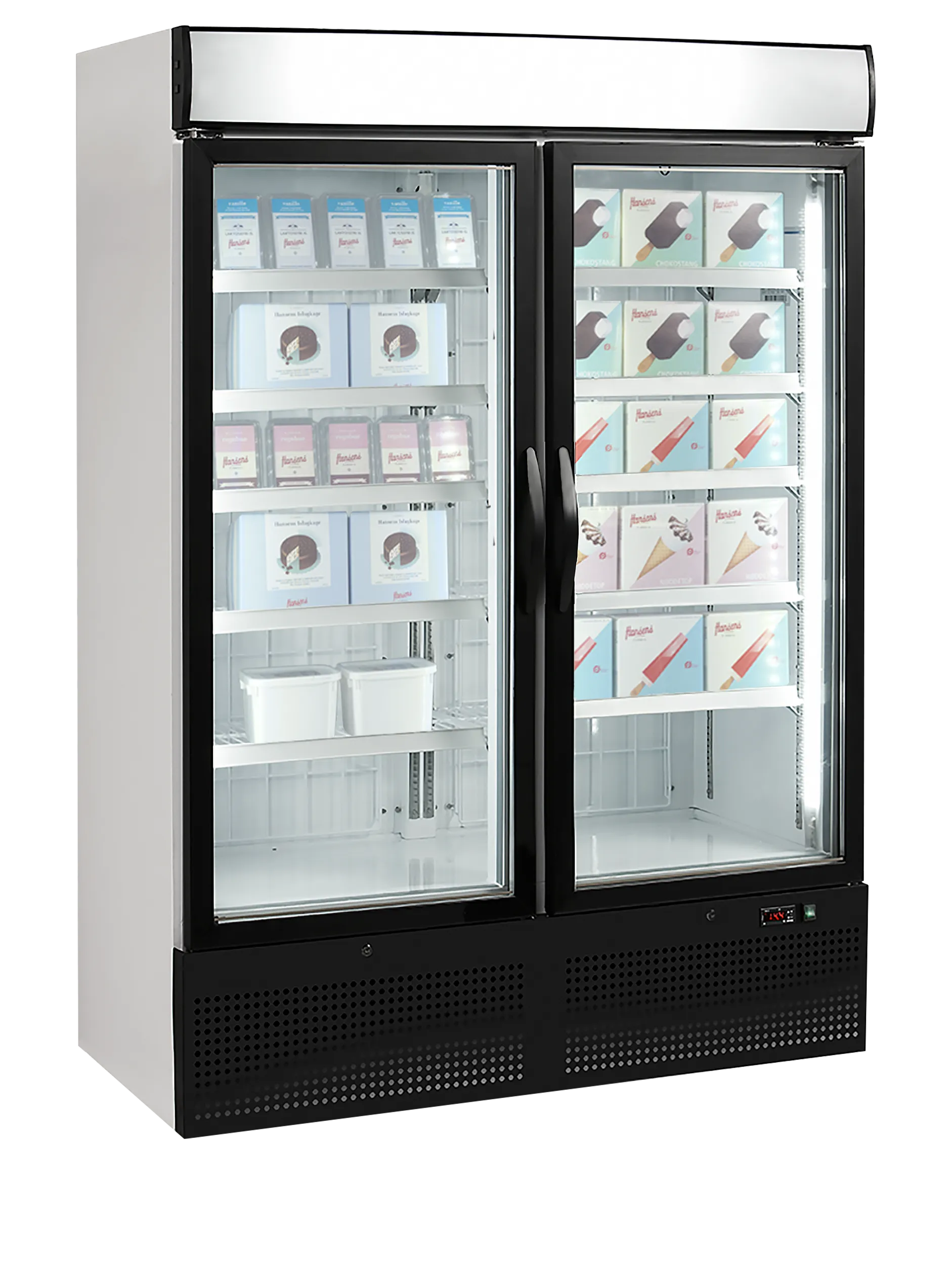 Glass Door Display Freezer NF5000G – 2 Self-Closing Heated Glass Doors, 930L Net Volume, LED Lighting, Fully Automatic, Fan-Assisted Ventilated Cooling, R290 Refrigerant