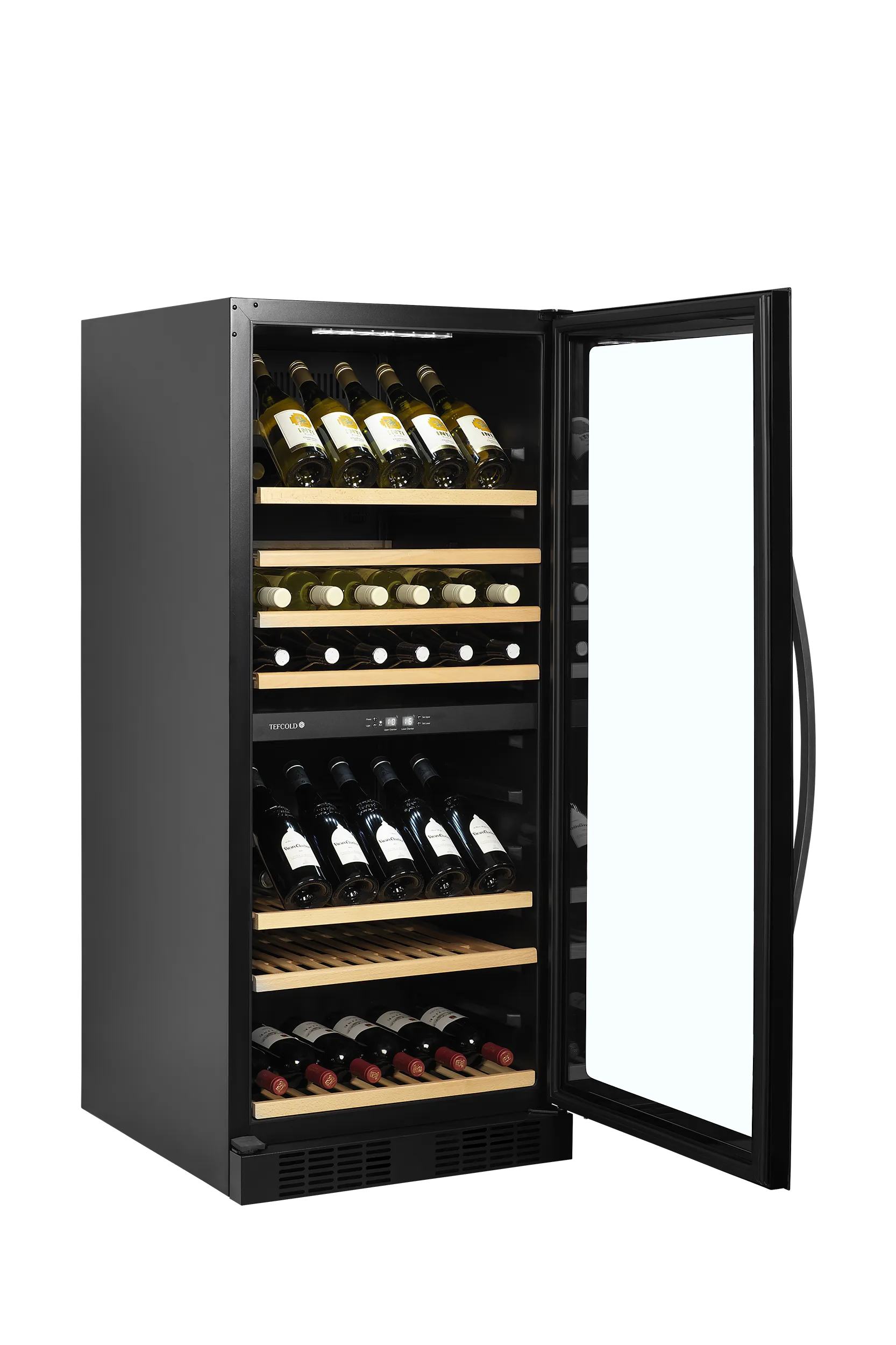 Dual Zone Wine Cooler with Frameless Glass Door – 119 Bottle Capacity, Quiet Fan Cooling, Black Finish (TFW300-2F)