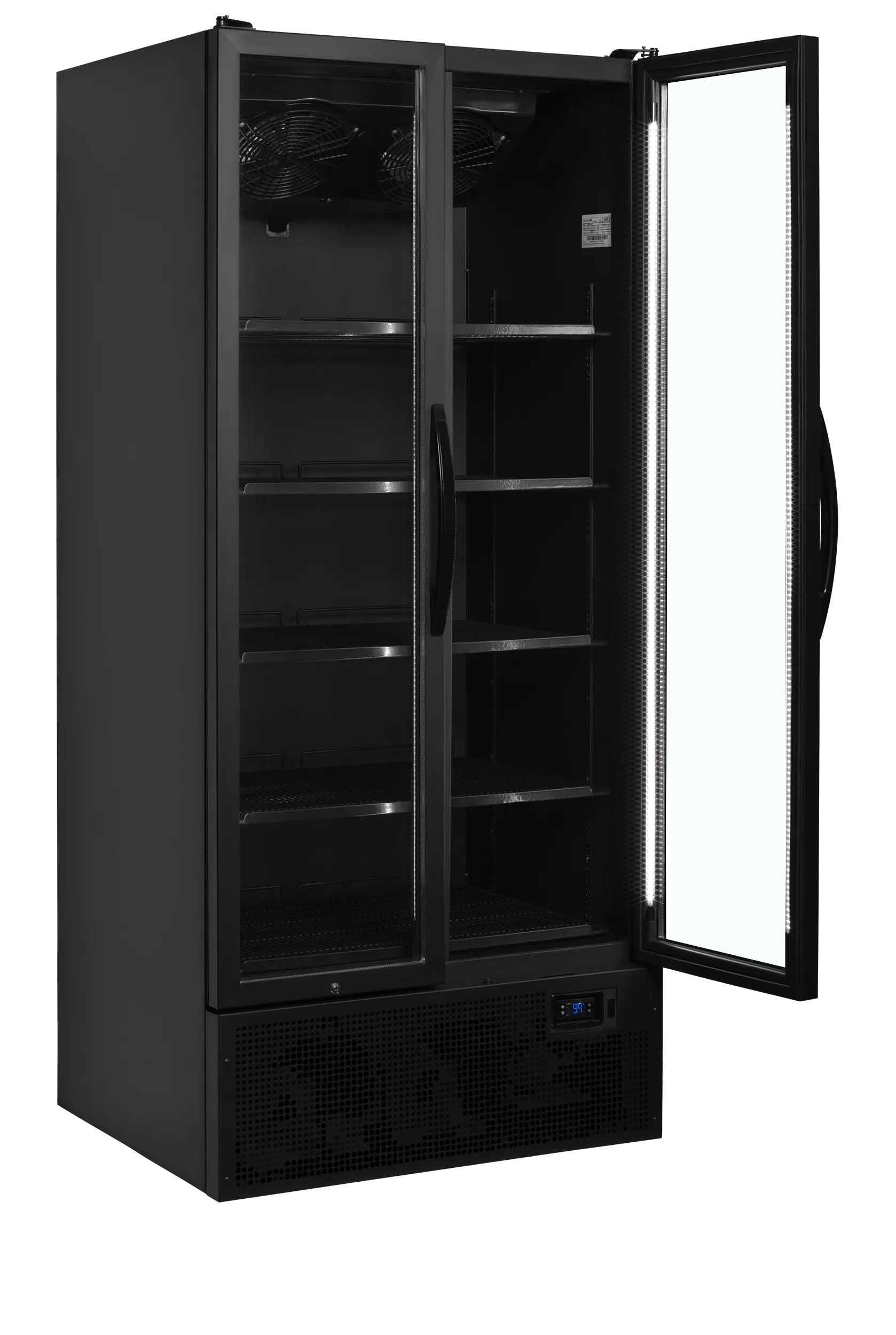Bottle Cooler FS890H Black – Double Hinged Glass Door Display Chiller with LED Lighting, Adjustable Shelves, Fully Automatic Ventilated Cooling, 535L Net Capacity