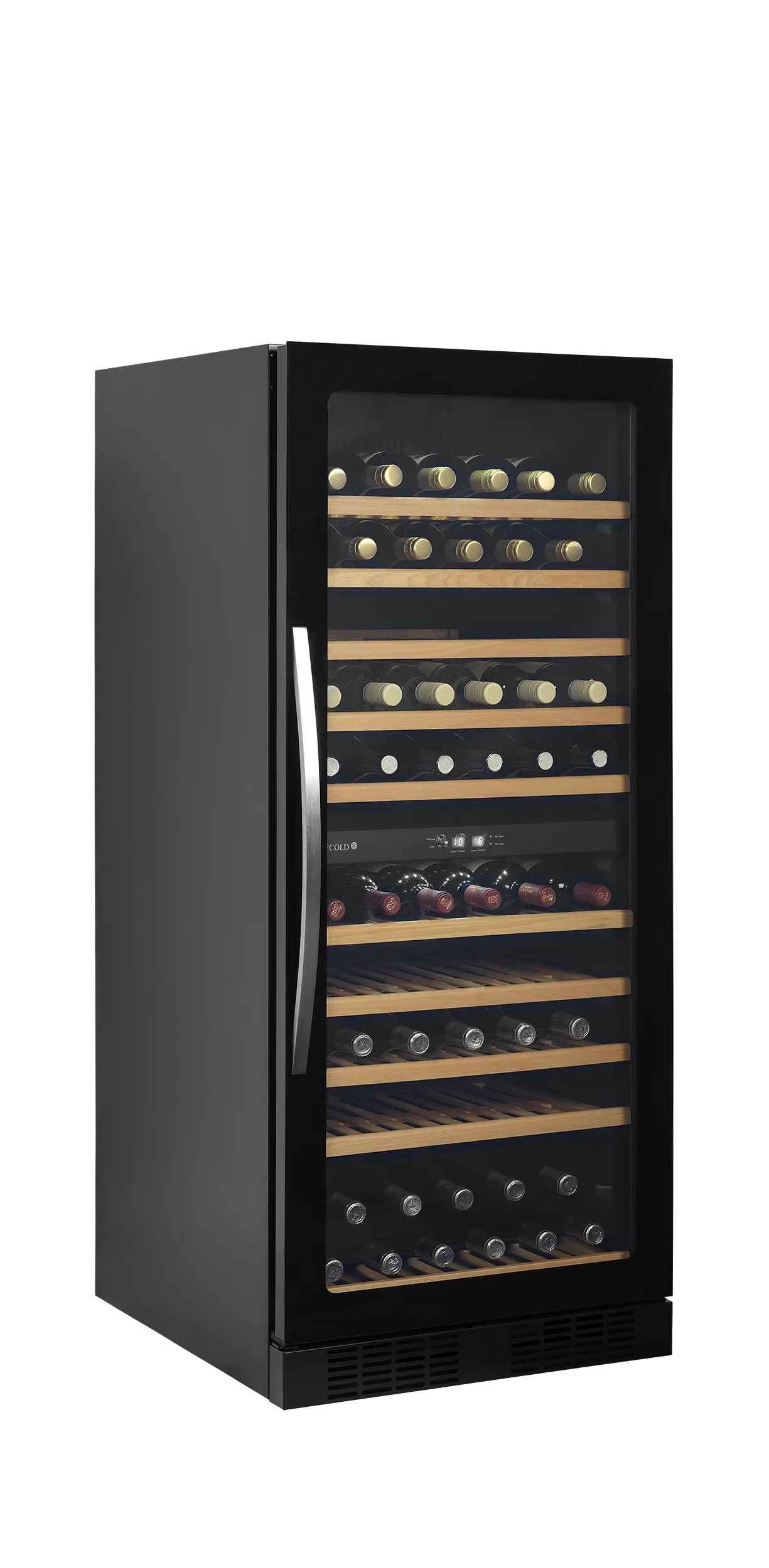 Dual Zone Wine Cooler with Frameless Glass Door – 119 Bottle Capacity, Quiet Fan Cooling, Black Finish (TFW300-2F)