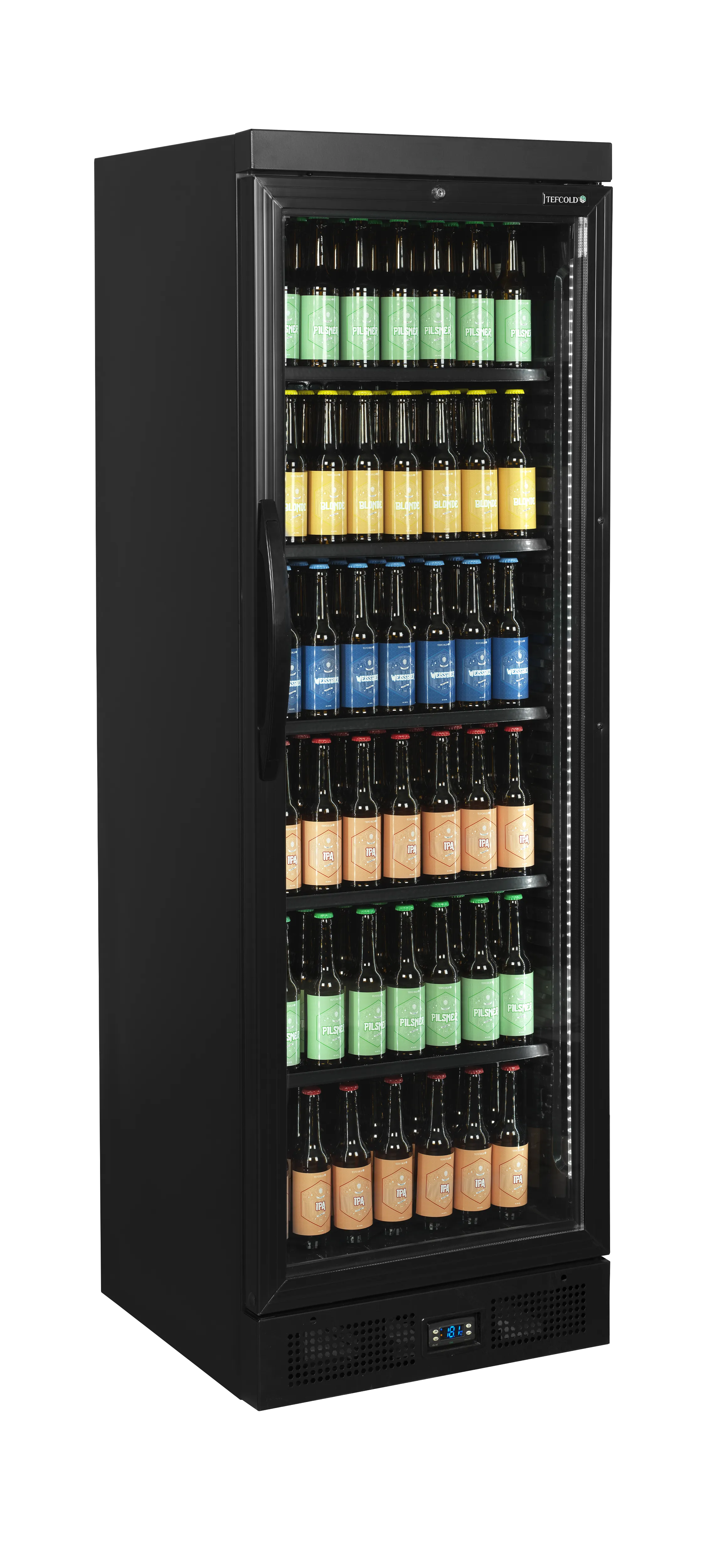 Glass Door Merchandiser CEV435 BLACK – Fan Assisted Cooling, LED Lighting, Adjustable Shelves, Premium Display Fridge