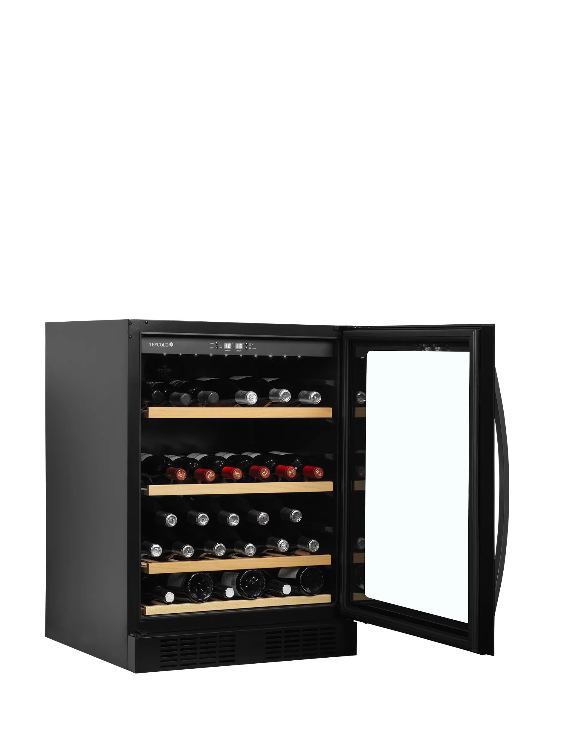 TFW200F Frameless Glass Door Wine Cooler – 48 Bottle Undercounter Wine Cabinet, Single Zone, LED Lighting, Wooden Shelves, Black Finish