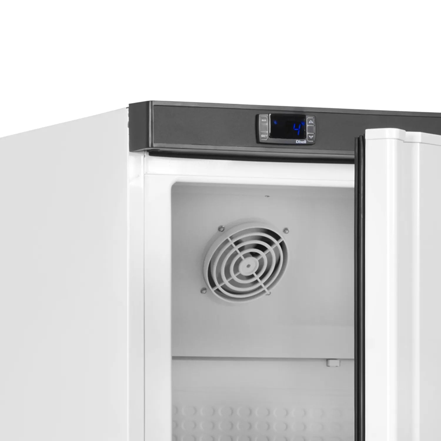 Glass Door Merchandiser UR400G – 1 Hinged Door, Fan Assisted Cooling, LED Interior Light, Adjustable Shelves, 350L White Display Fridge