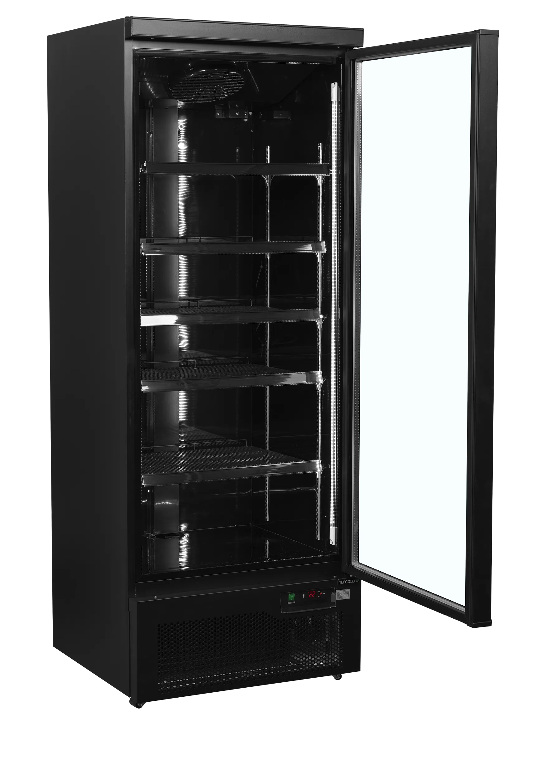 Atom Maxi C1DBB Single Glass Door Merchandiser Chiller – Black, 614L, LED Display, Ventilated Cooling