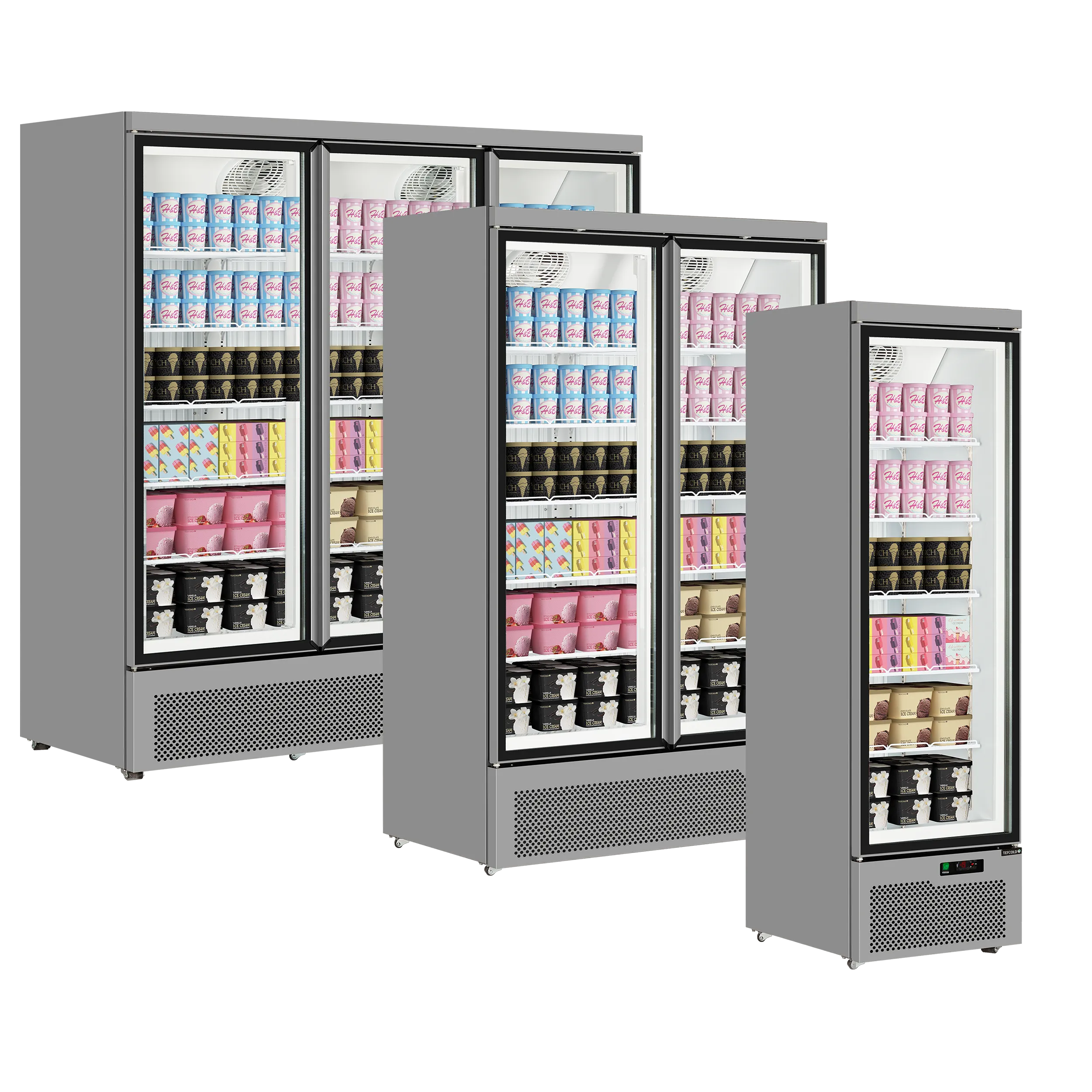 Atom Maxi F2DS Double Glass Door Display Freezer, 1006L Commercial Upright Merchandiser, Ventilated Cooling, LED Lighting, Silver RAL9006, -18 to -22°C