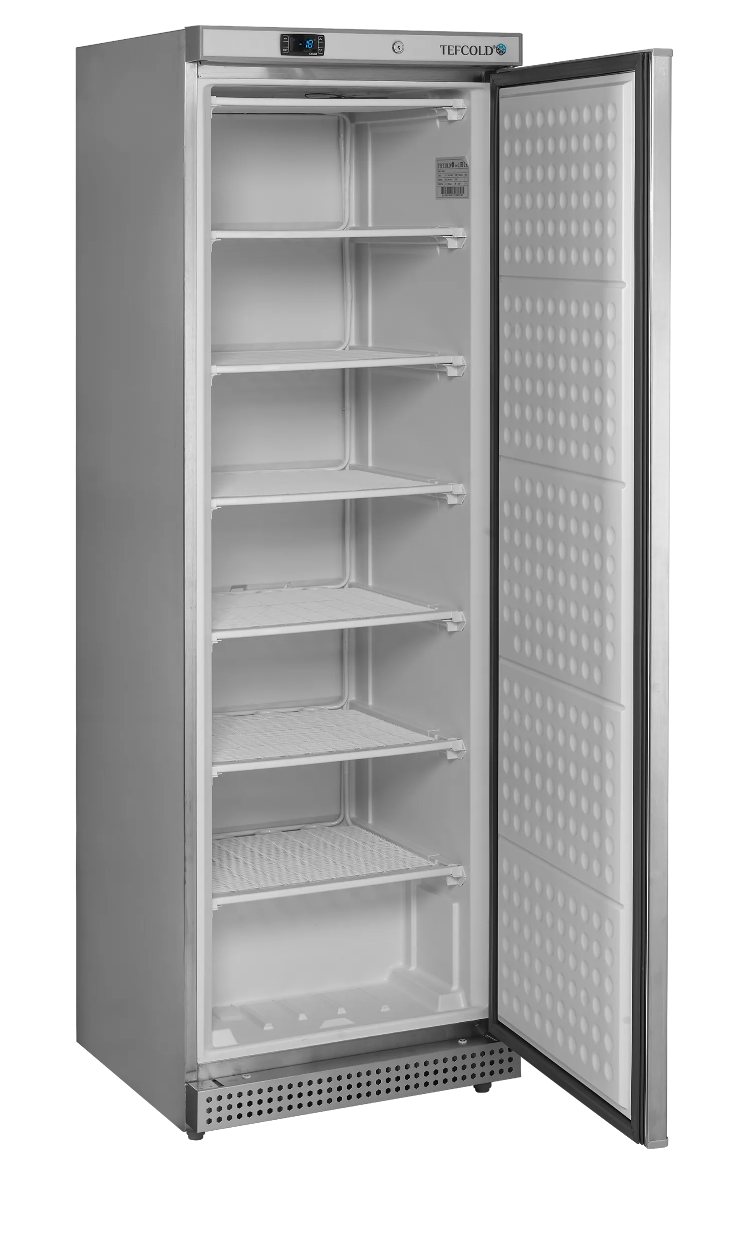 Upright Freezer UF400S – 400L Stainless Steel Solid Door Freezer with Electronic Thermostat, Fixed Shelves, Lock, and Digital Temperature Display