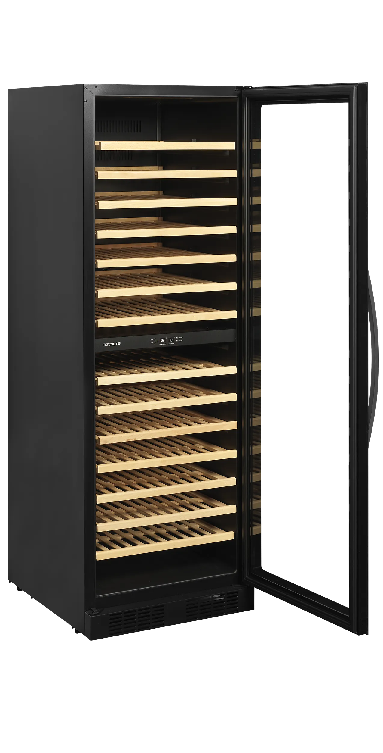 TFW400-2F Dual Zone Wine Cooler – 163 Bottle Capacity, Frameless Glass Door, Black Finish