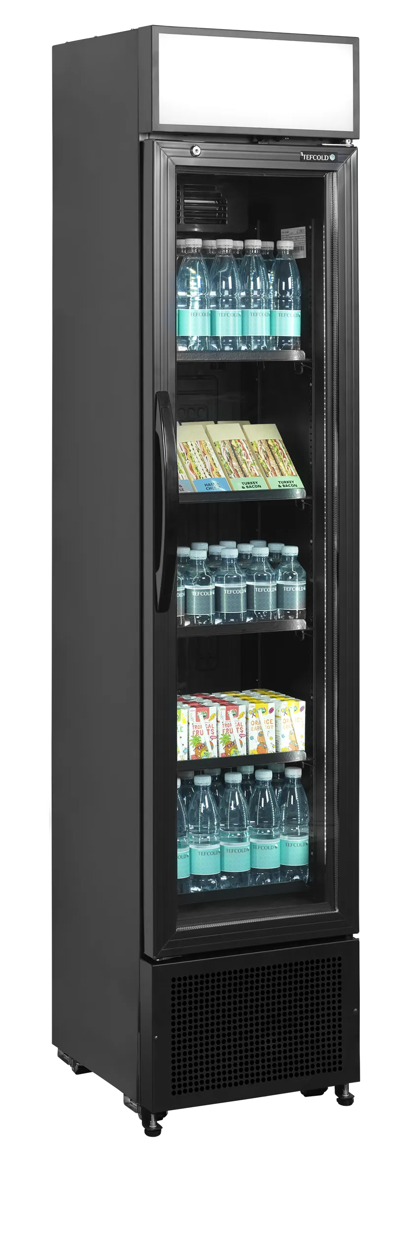 Slimline Glass Door Merchandiser FSC175H – Black, 1 Hinged Door, LED Canopy & Adjustable Shelves, Fan Assisted Cooling, 182L
