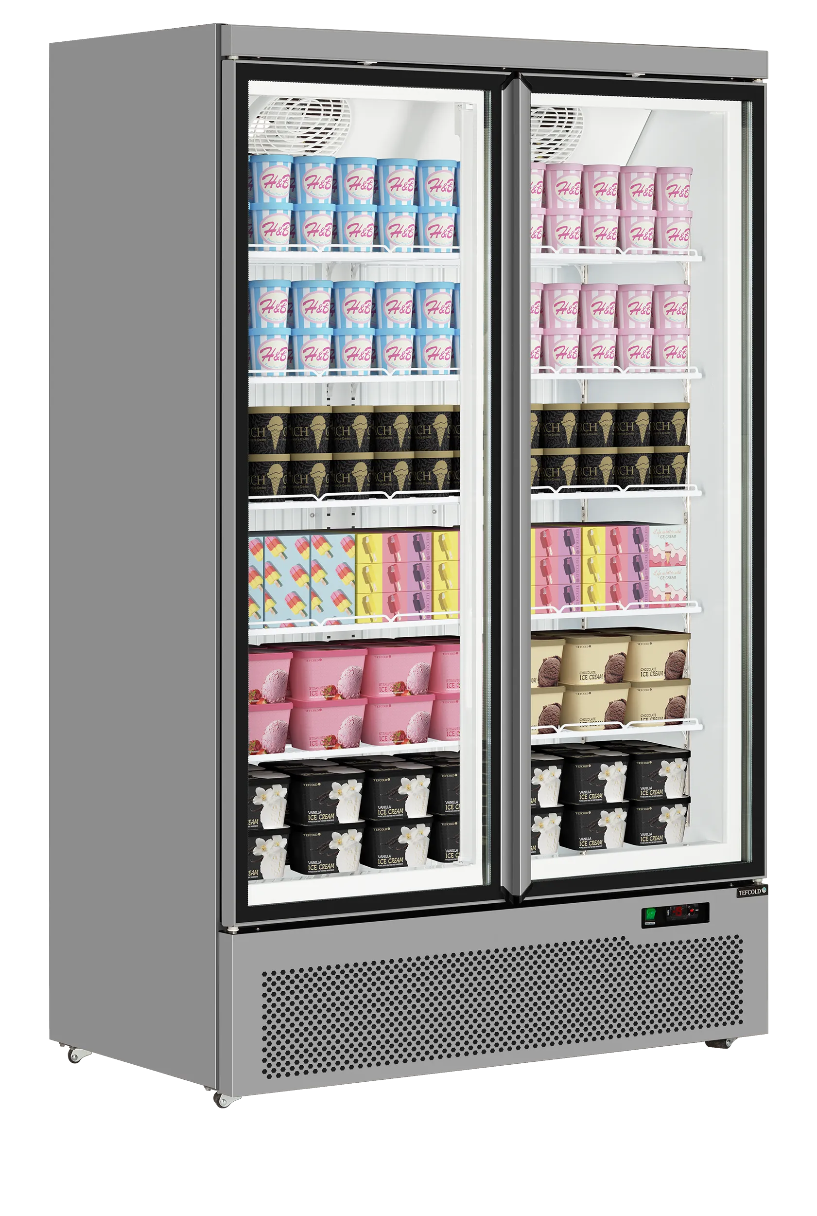 Atom Maxi F2DS Double Glass Door Display Freezer, 1006L Commercial Upright Merchandiser, Ventilated Cooling, LED Lighting, Silver RAL9006, -18 to -22°C