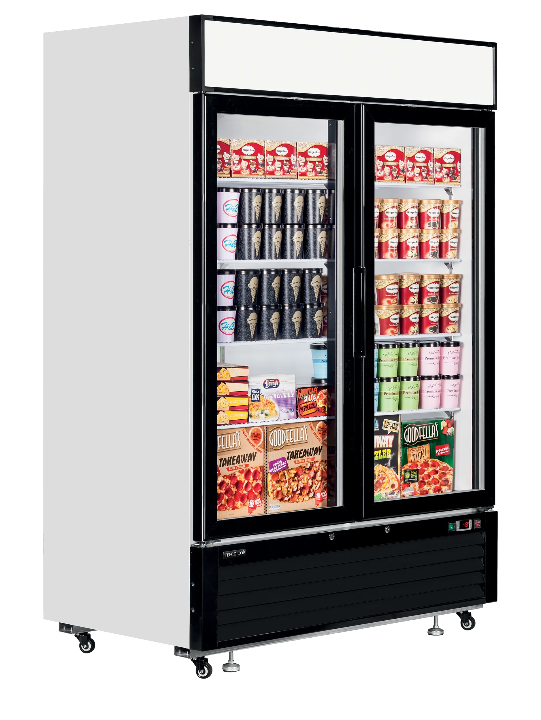 TEFCOLD LGF5000 Glass Door Display Freezer – 2 Hinged Doors, LED Lighting, Fan-Assisted Cooling, Automatic Defrost, Stainless Steel Interior, White Finish, Commercial Upright Freezer, -25°C to -14°C