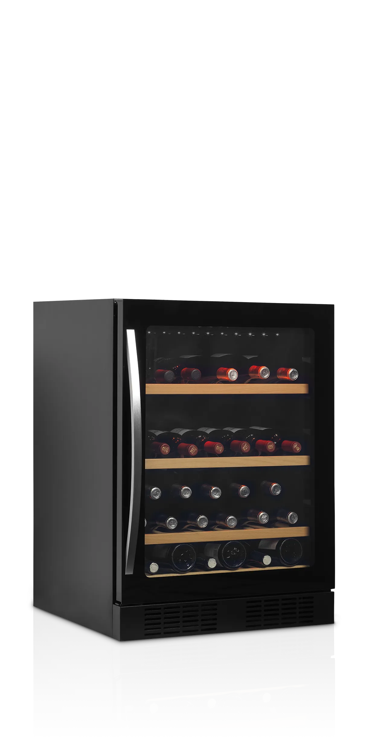 TFW200F Frameless Glass Door Wine Cooler – 48 Bottle Undercounter Wine Cabinet, Single Zone, LED Lighting, Wooden Shelves, Black Finish